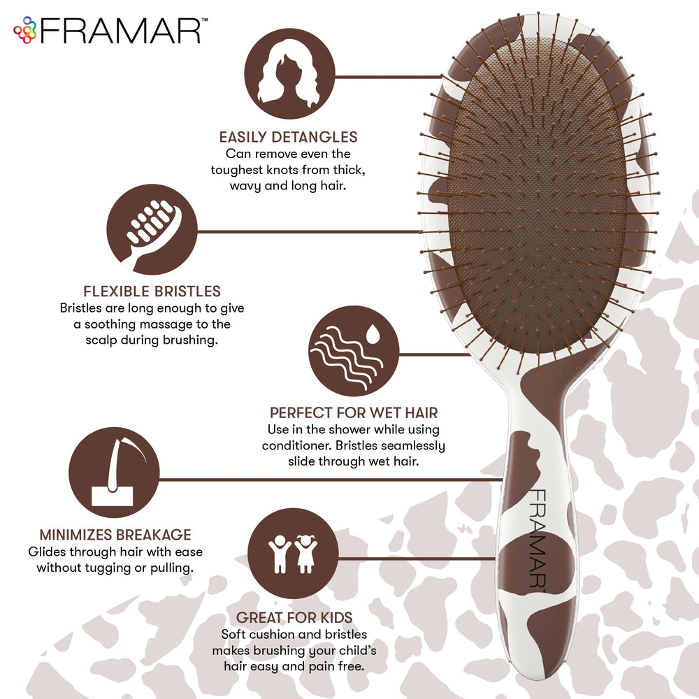 FRAMAR cow-print hair brush used on dry hair to smooth frizz