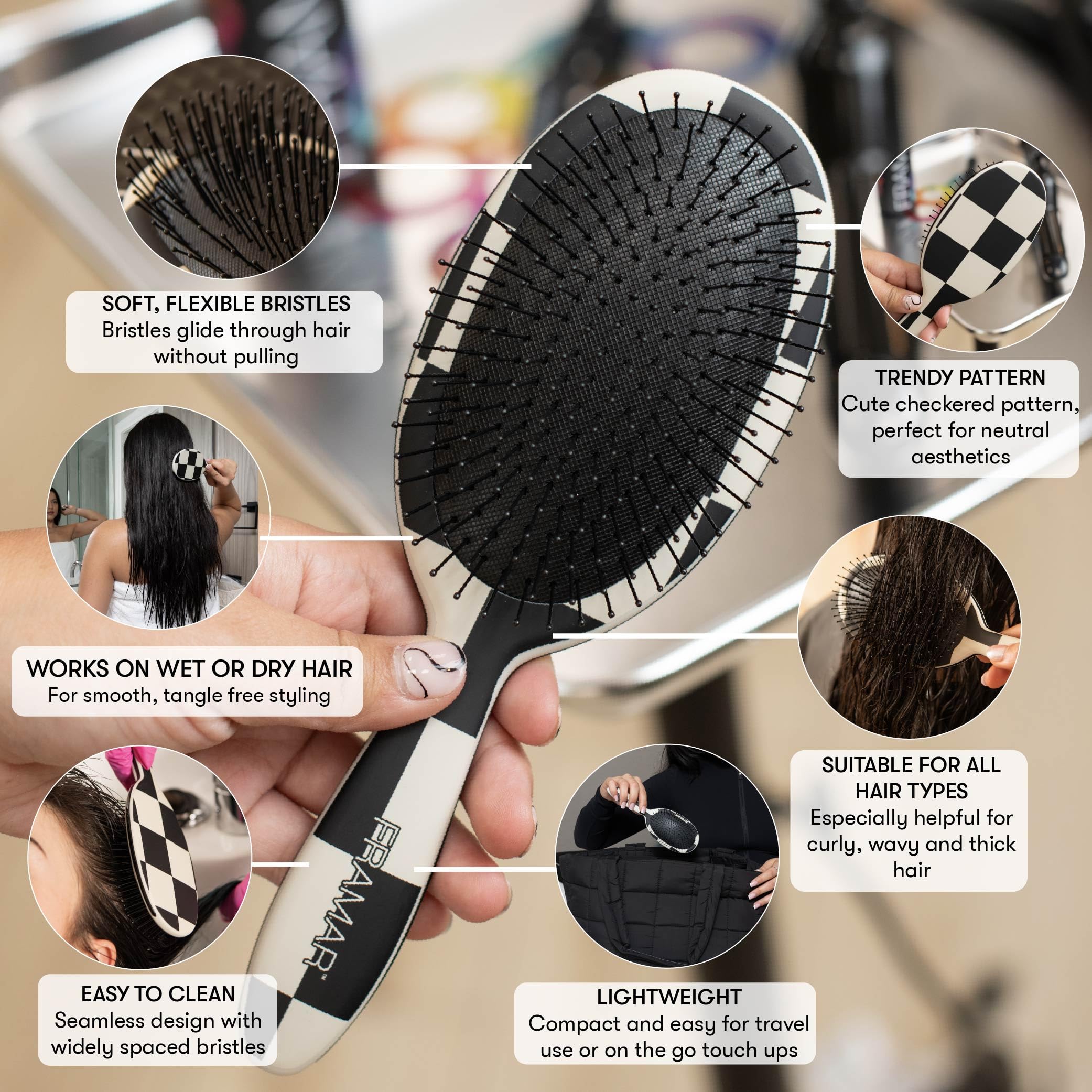 FRAMAR detangler-bristles-closeup shows gentle glide through wet hair.