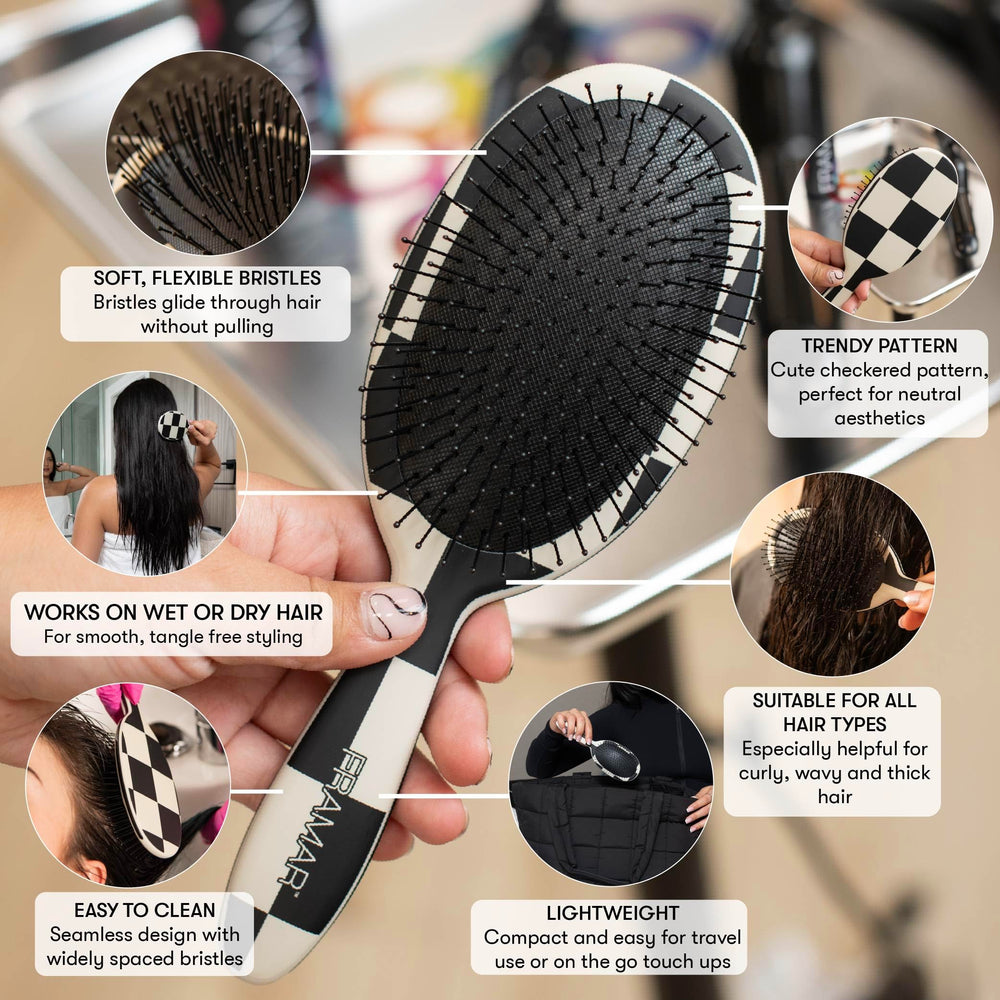 FRAMAR detangler-bristles-closeup shows gentle glide through wet hair.