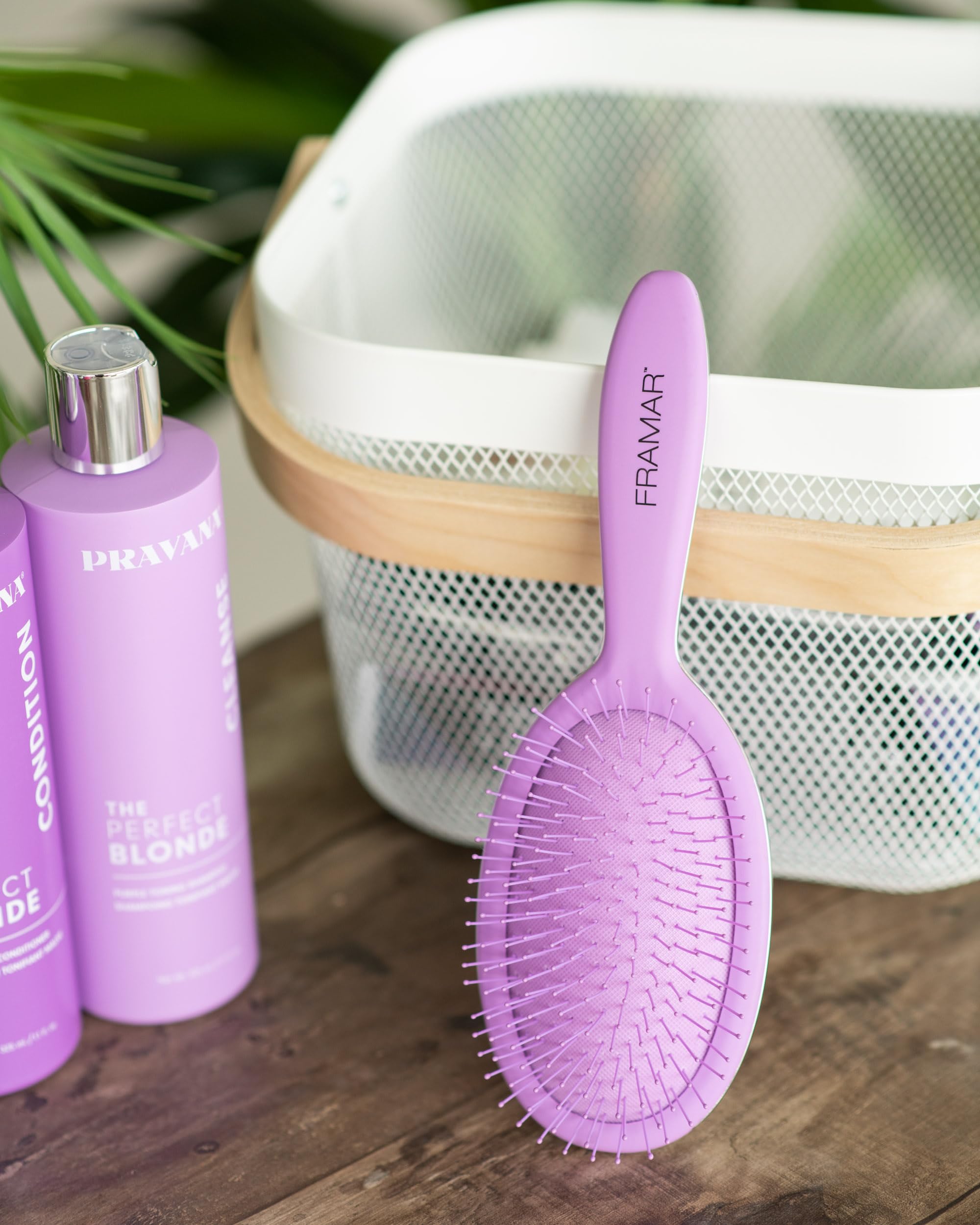 FRAMAR Detangling Brush closeup showing scalp massage action for circulation.