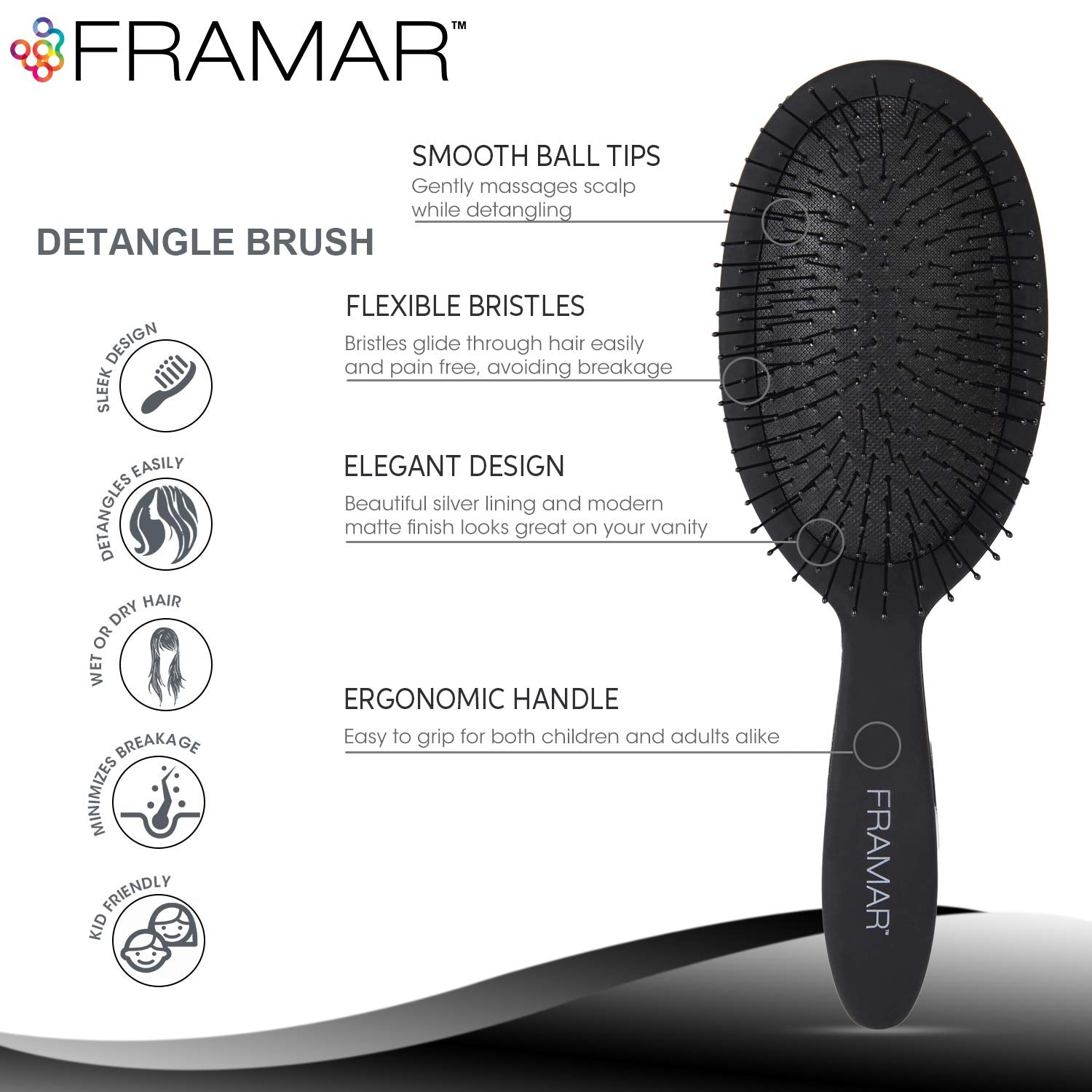 Framar detangling brush wet hair use demonstrates pain-free brushing with minimal tug