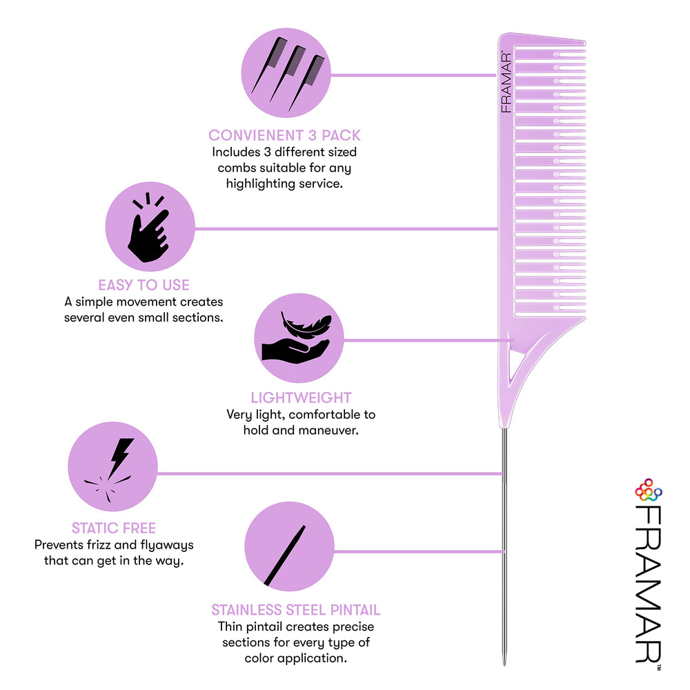 FRAMAR Dreamweaver static-free foiling combs prevent frizz and flyaways.