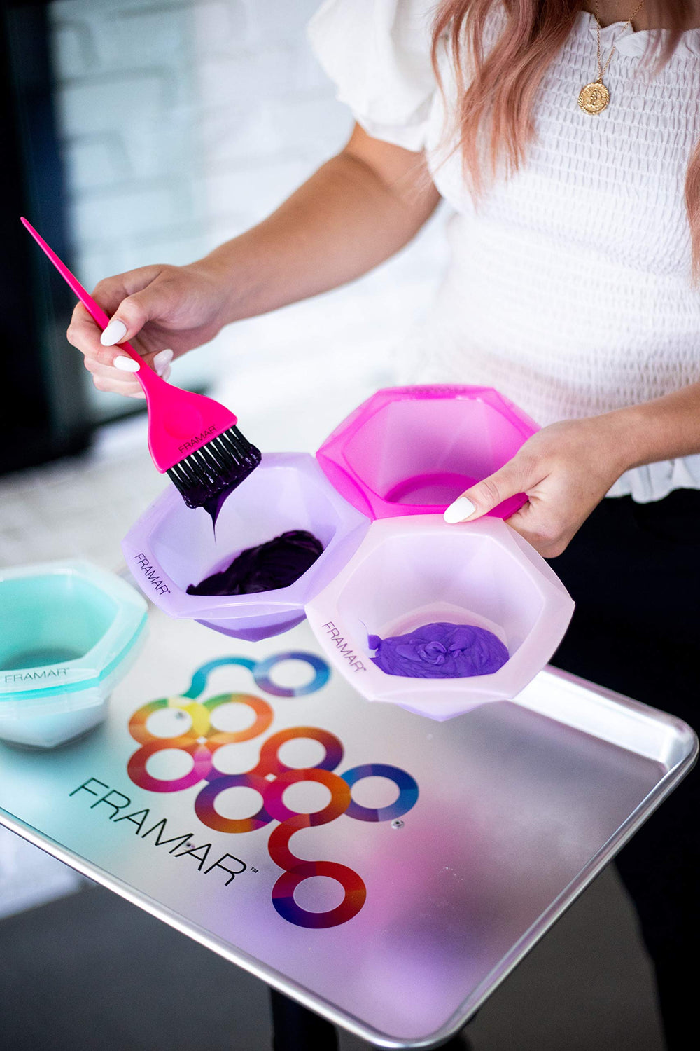 FRAMAR easy-clean dye bowl simplifies rinsing between clients.