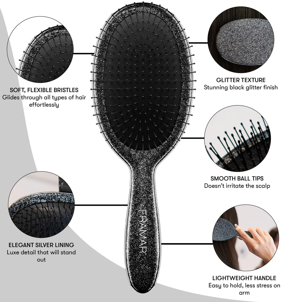 FRAMAR Glitter Hair Brush Detangler close-up shows flexible bristles for painless detangling.