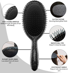 FRAMAR Glitter Hair Brush Detangler close-up shows flexible bristles for painless detangling.