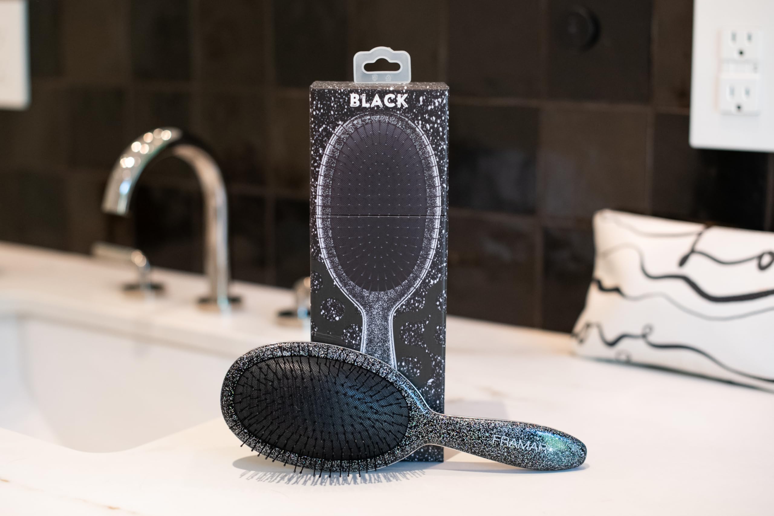 FRAMAR Glitter Hair Brush Detangler shown with a girl's hair accessory context.