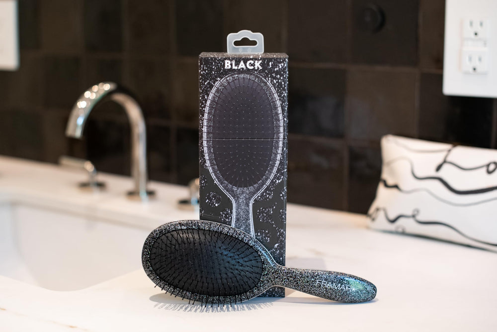 FRAMAR Glitter Hair Brush Detangler shown with a girl's hair accessory context.