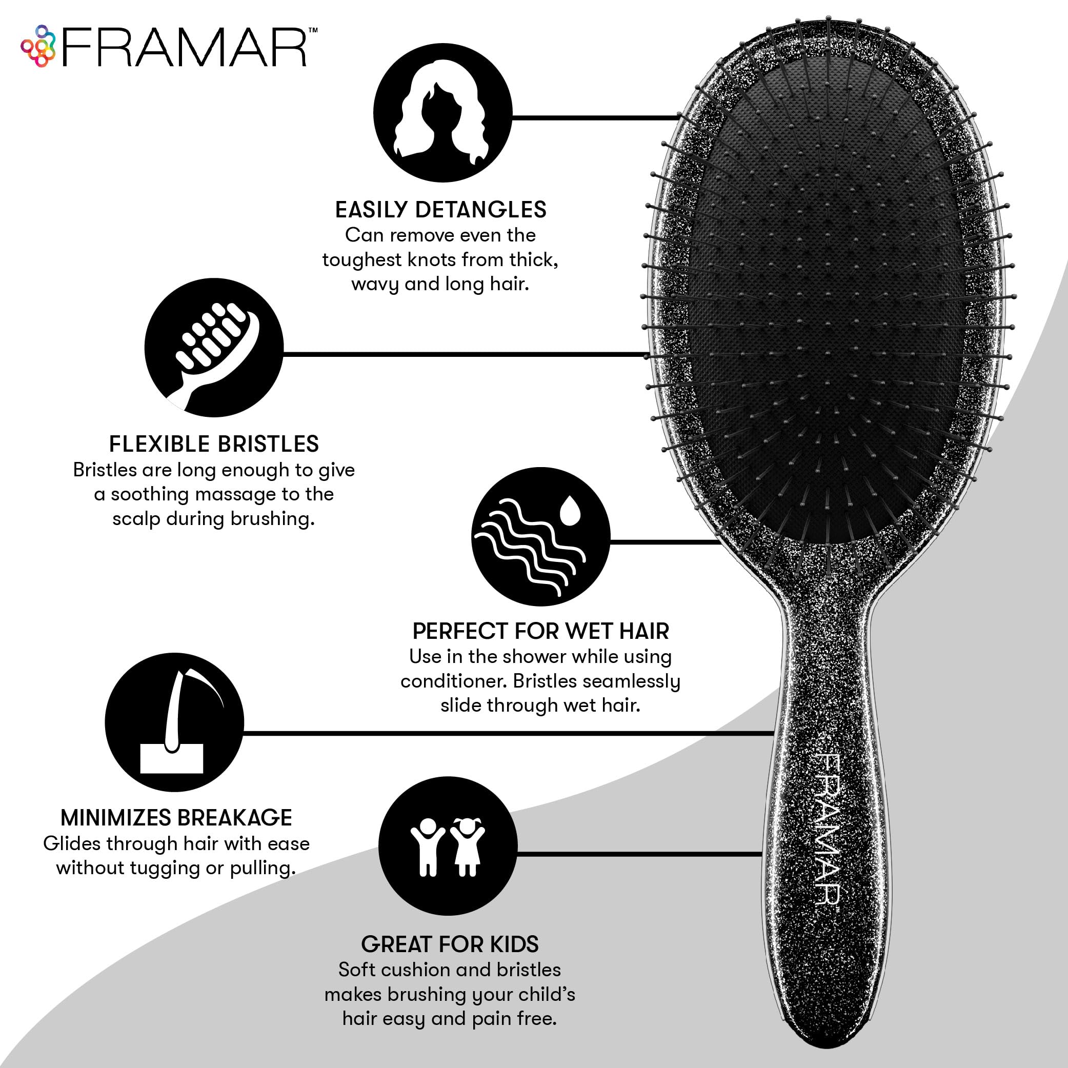 FRAMAR Glitter Hair Brush Detangler glitter detail highlights glam styling during brushing.
