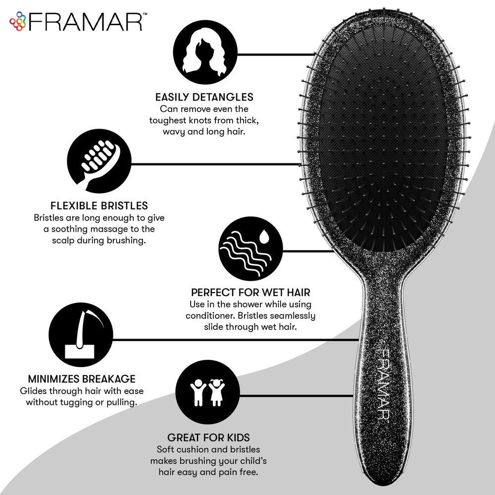 FRAMAR Glitter Hair Brush Detangler glitter detail highlights glam styling during brushing.