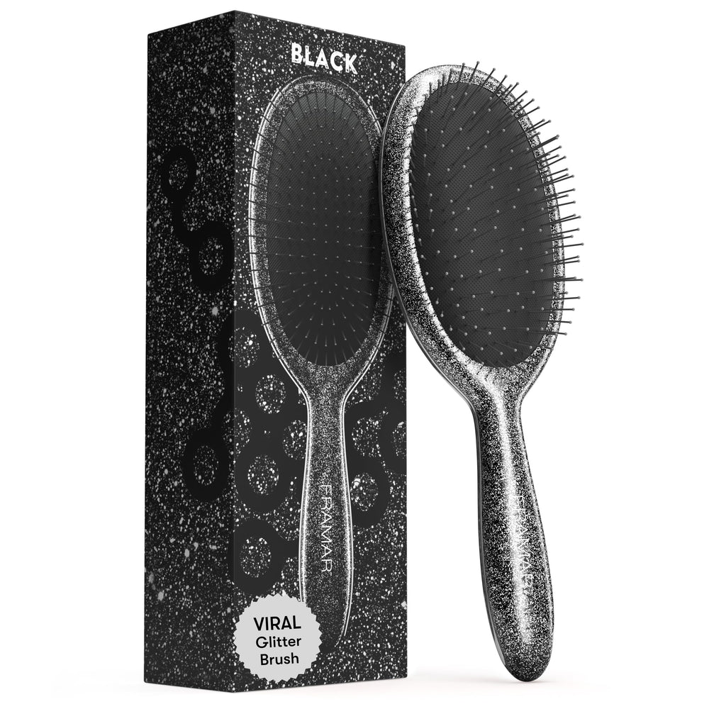 FRAMAR Glitter Hair Brush Detangler packaging highlights glam detangling for smooth, frizz-controlled hair.
