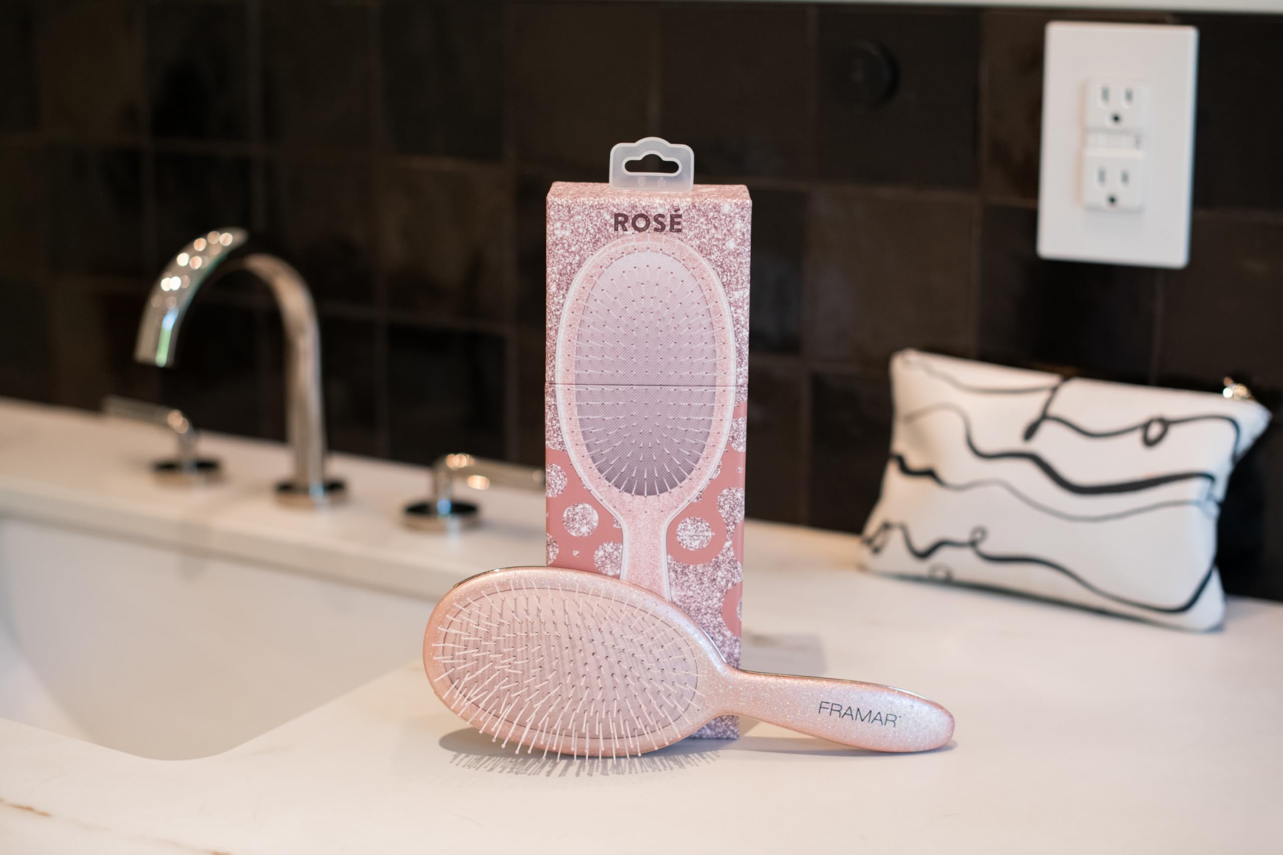 FRAMAR Glitter Hair Brush Detangler Rose before and after tangle-free results