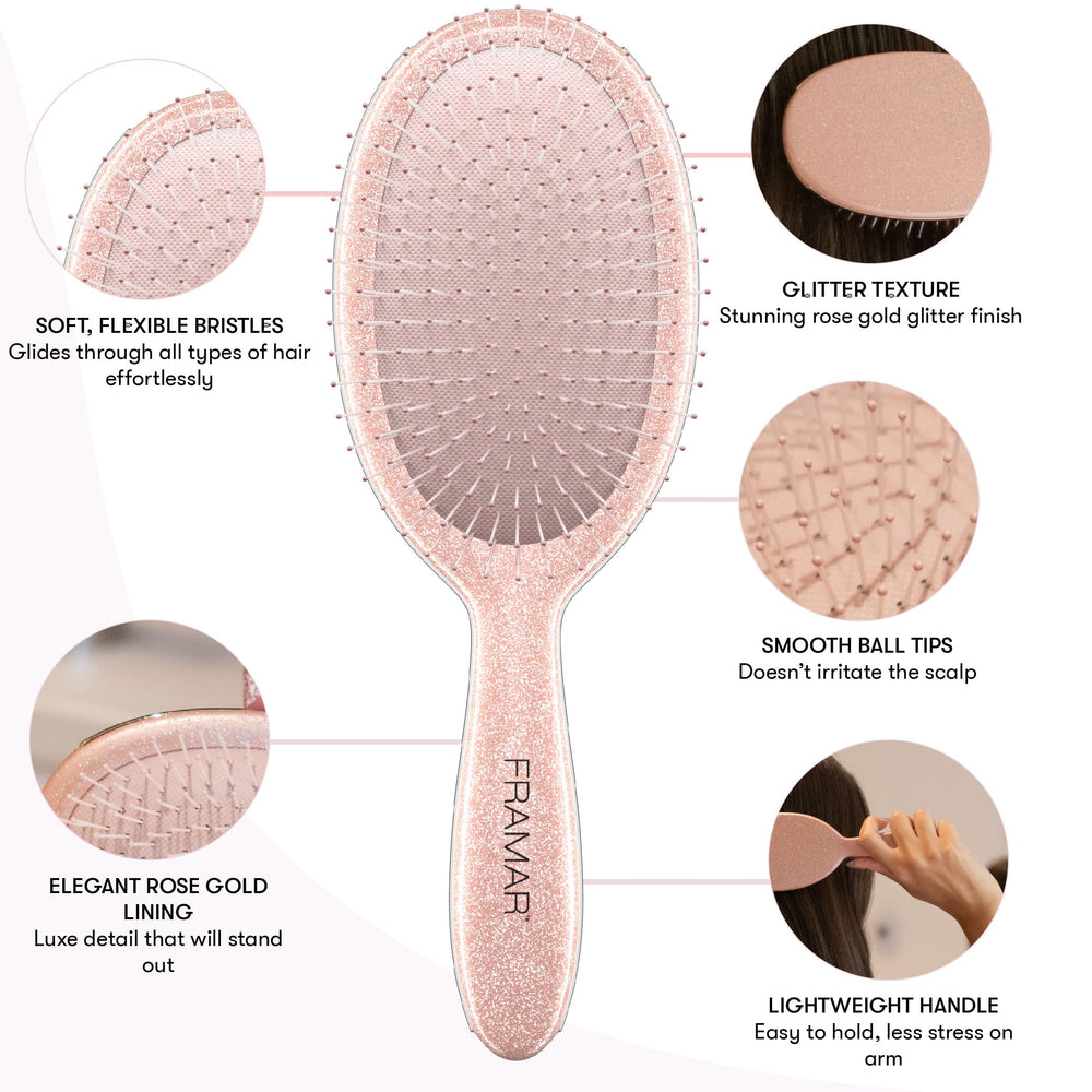 FRAMAR Glitter Hair Brush Detangler Rose bristle detail highlights flexible bristles