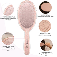 FRAMAR Glitter Hair Brush Detangler Rose bristle detail highlights flexible bristles