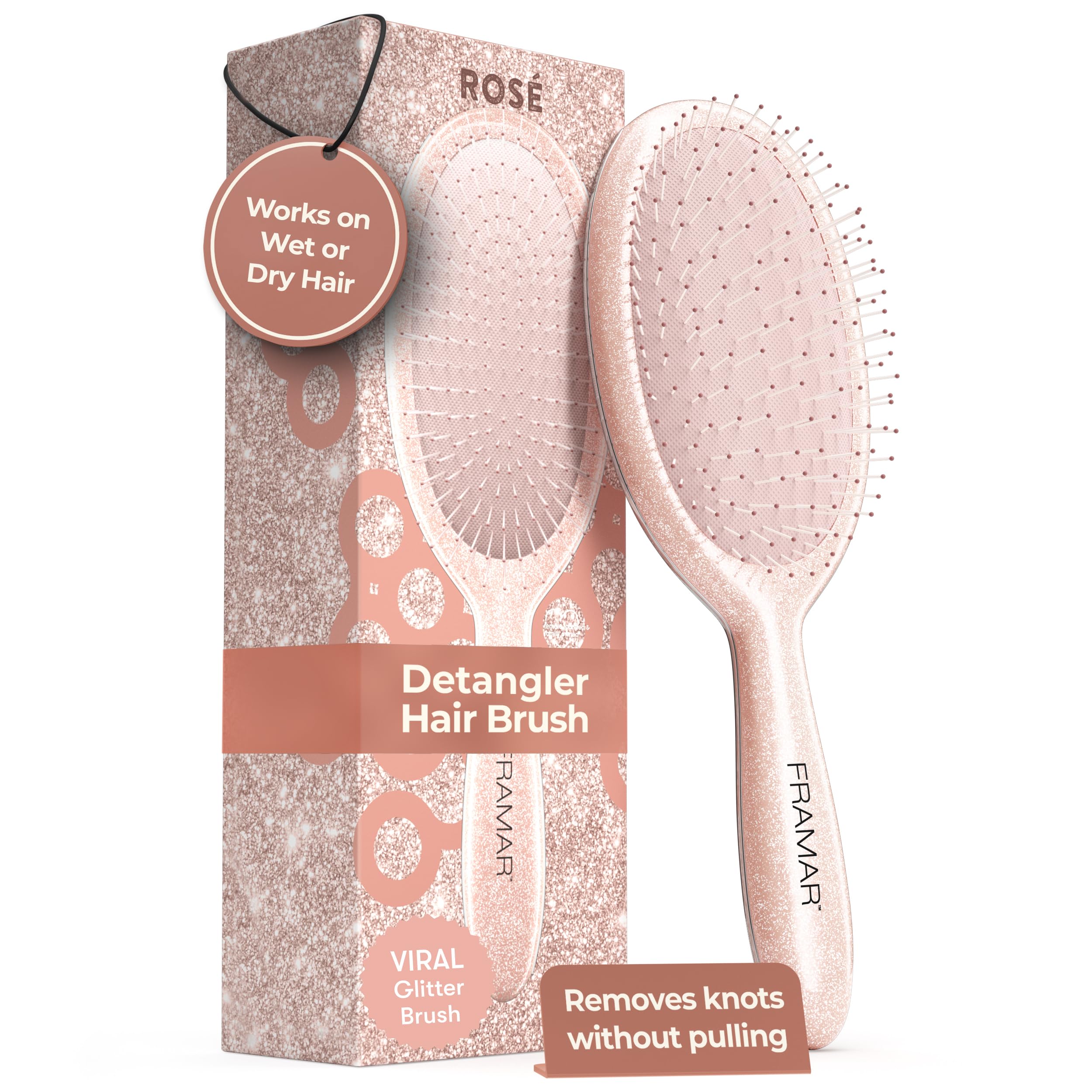 FRAMAR Glitter Hair Brush Detangler Rose closeup shows smooth detangling
