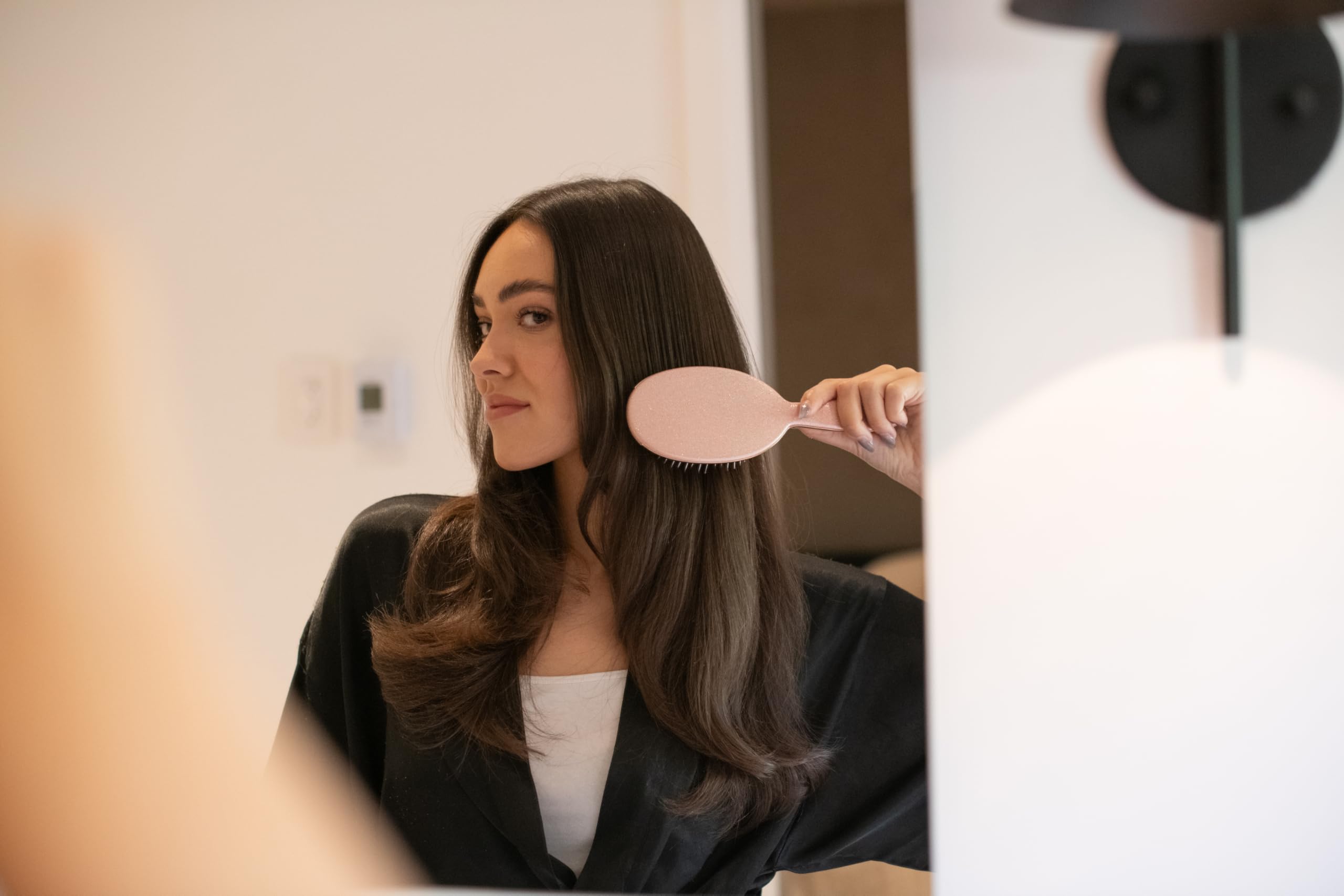FRAMAR Glitter Hair Brush Detangler Rose held in hand during use