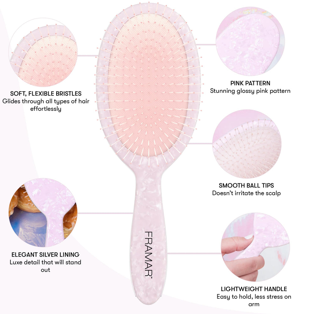 FRAMAR Iridescent Wet Hair Brush kids usage shows kid-friendly design for gentle detangling.