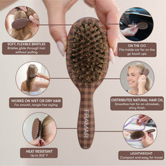 FRAMAR close-up of boar bristles smoothing hair cuticle for shine