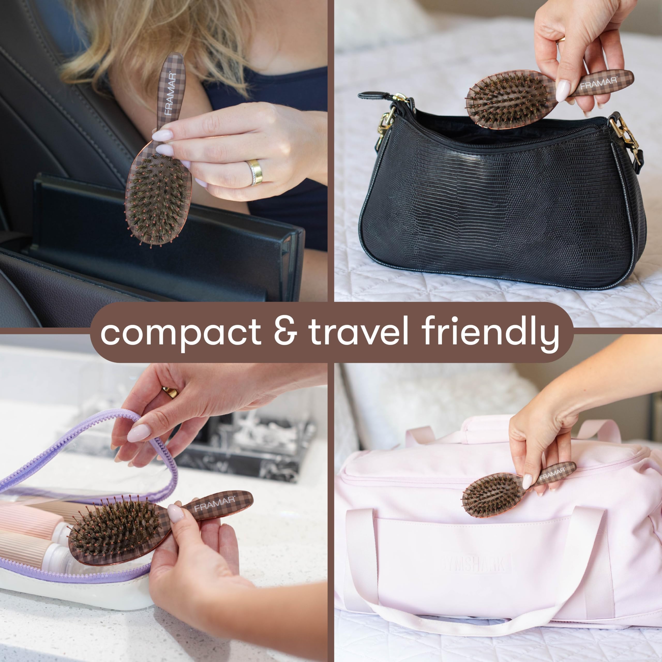 FRAMAR compact brush inside a bag ready for on-the-go styling convenience