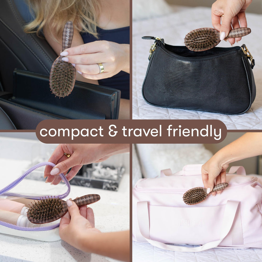 FRAMAR compact brush inside a bag ready for on-the-go styling convenience
