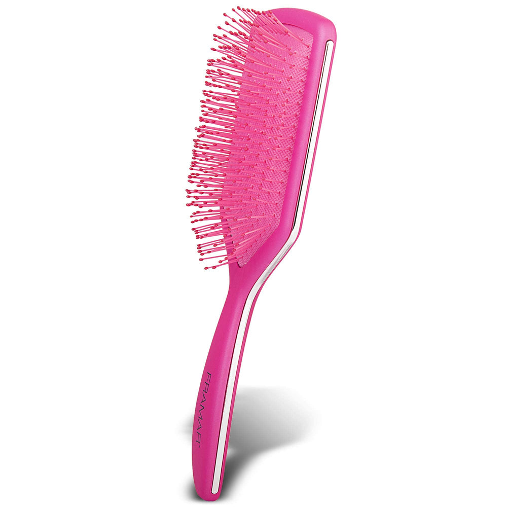 FRAMAR paddle brush soft-bristles-pink glides through hair for gentle detangling.