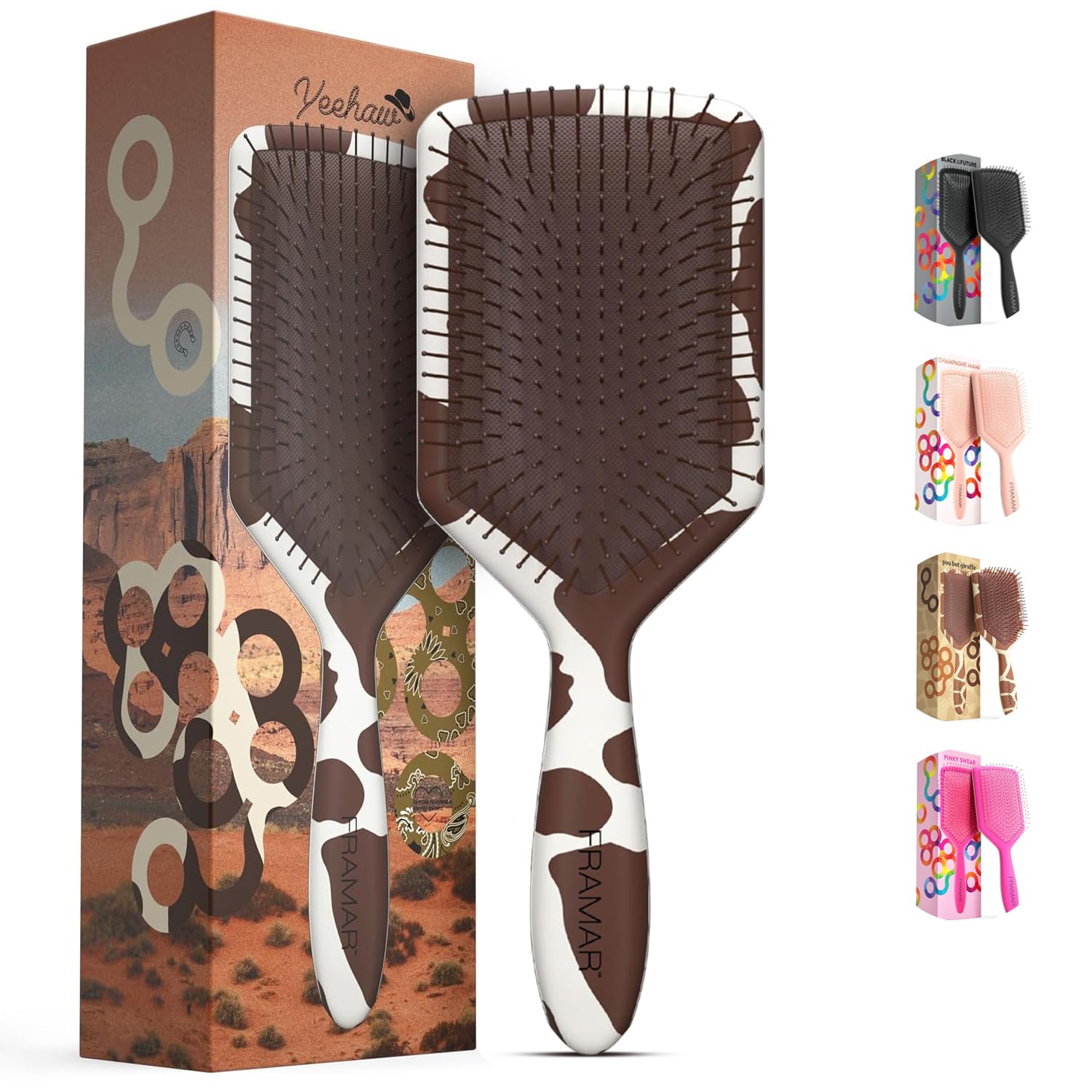 FRAMAR paddle hair brush detangler with cow print, smooths knots with gentle bristles