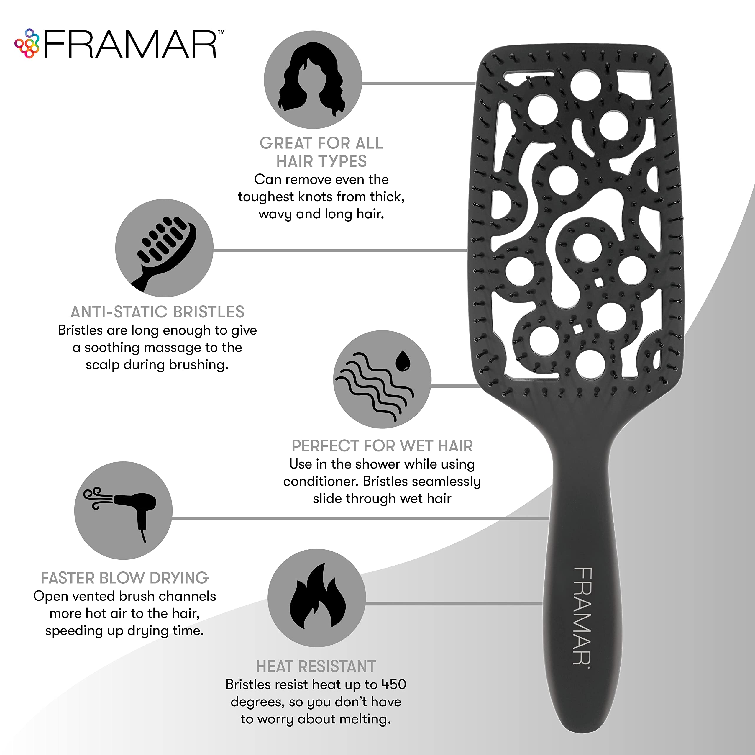FRAMAR vented hair brush blow-dry in action demonstrates faster drying with reduced frizz potential