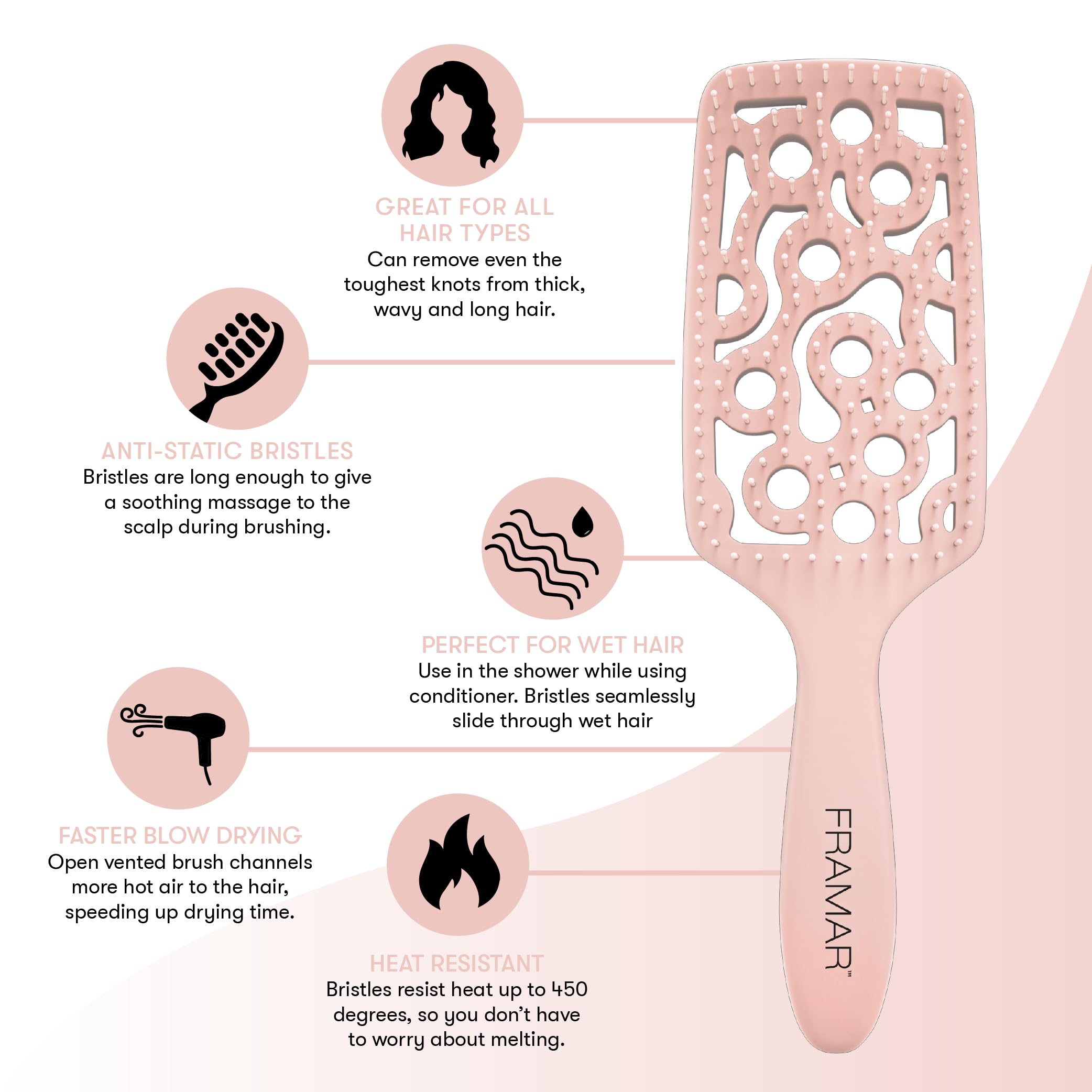 FRAMAR Professional vented brush close-up on the comfortable handle grip for better control.