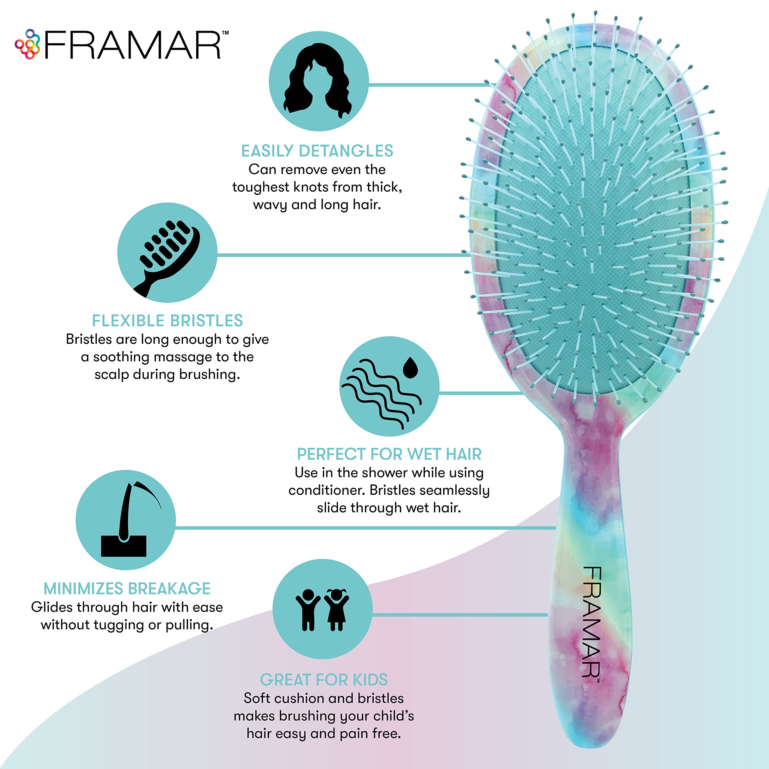 FRAMAR Purple Detangler delivers scalp massage during brushing