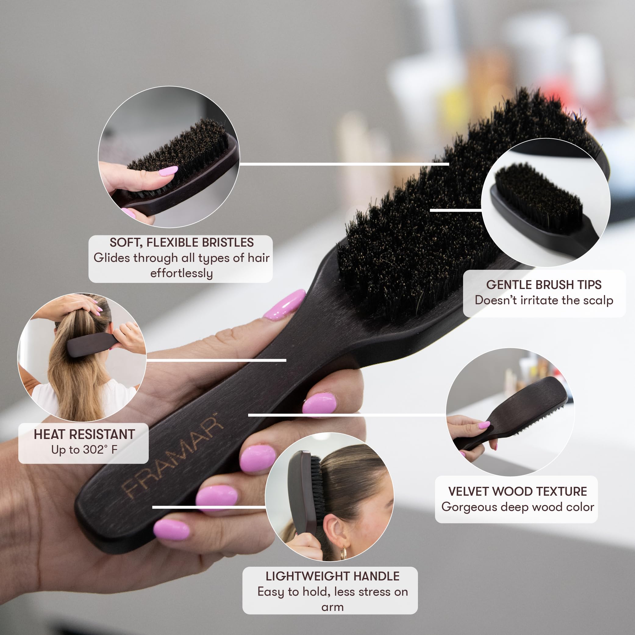 FRAMAR Slick Back Brush in-use on hair glide and manageability