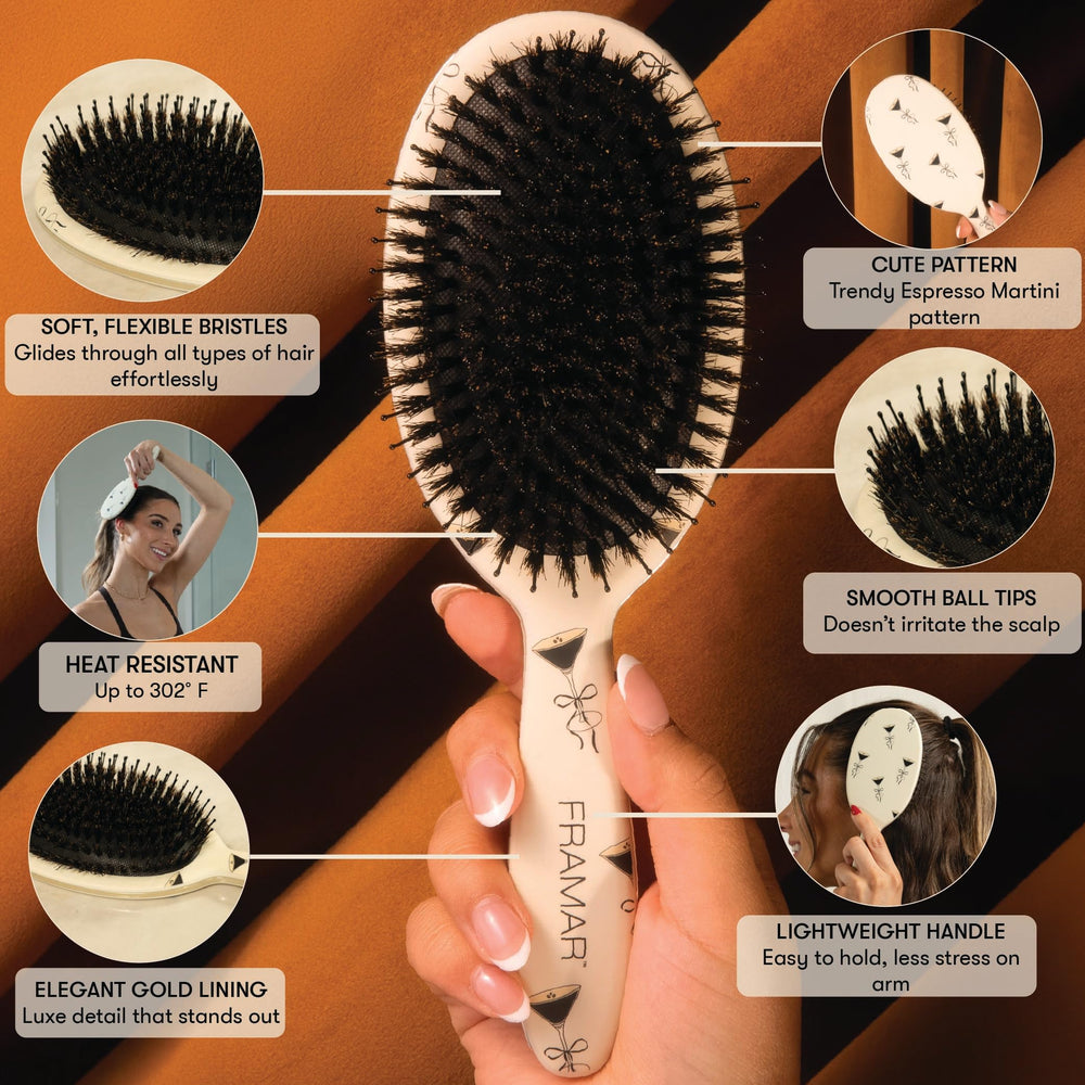 FRAMAR soft boar-bristle brush bristles glide through hair for even oil distribution