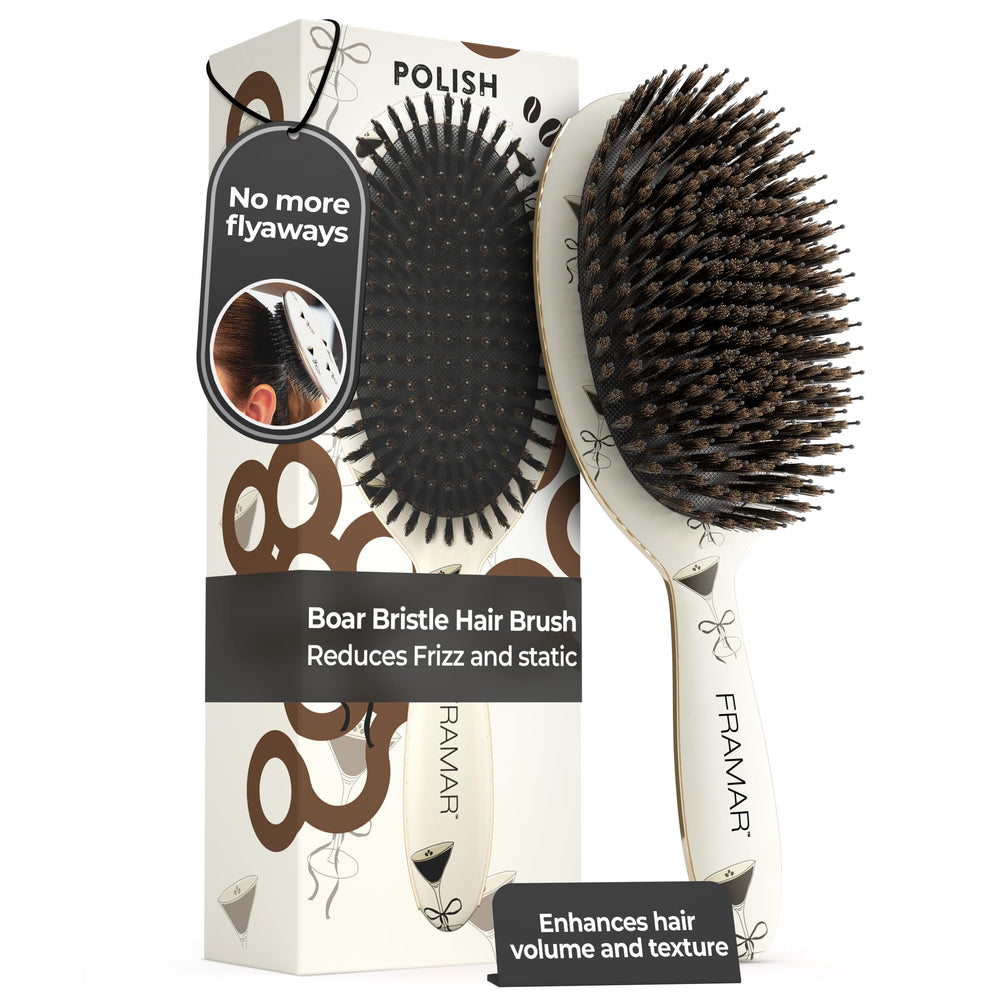 FRAMAR soft boar-bristle brush close-up showing gentle detangling and natural shine