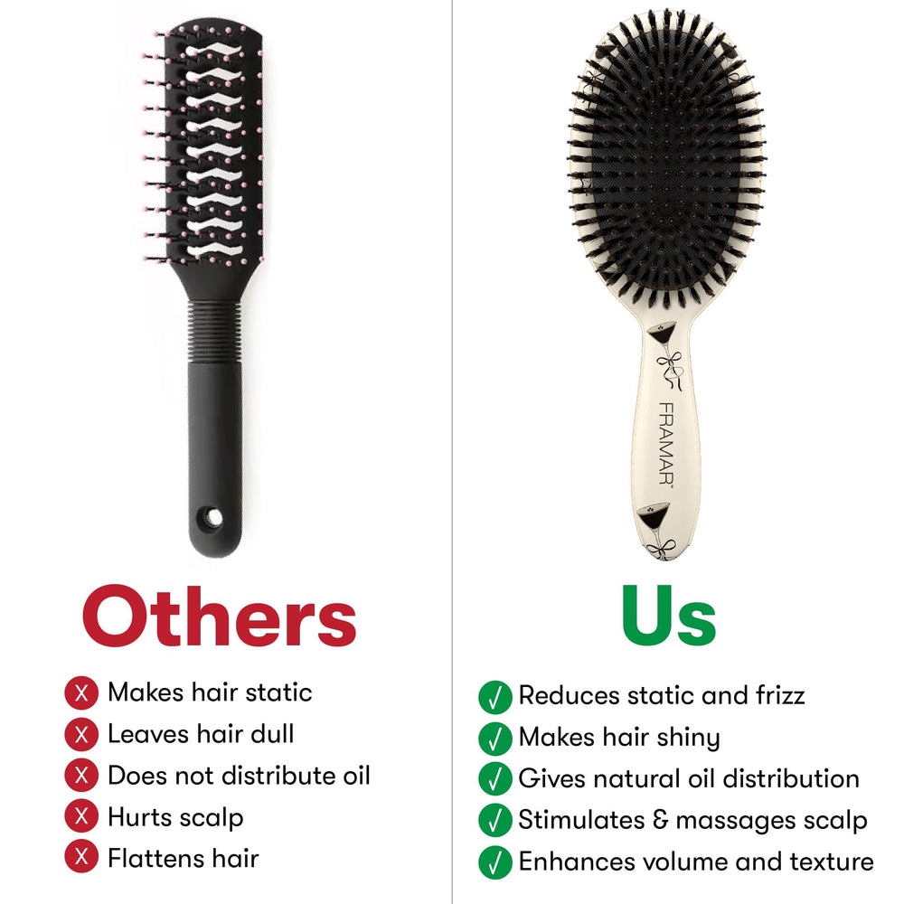 FRAMAR soft boar-bristle brush handle detail in espresso finish for comfortable styling