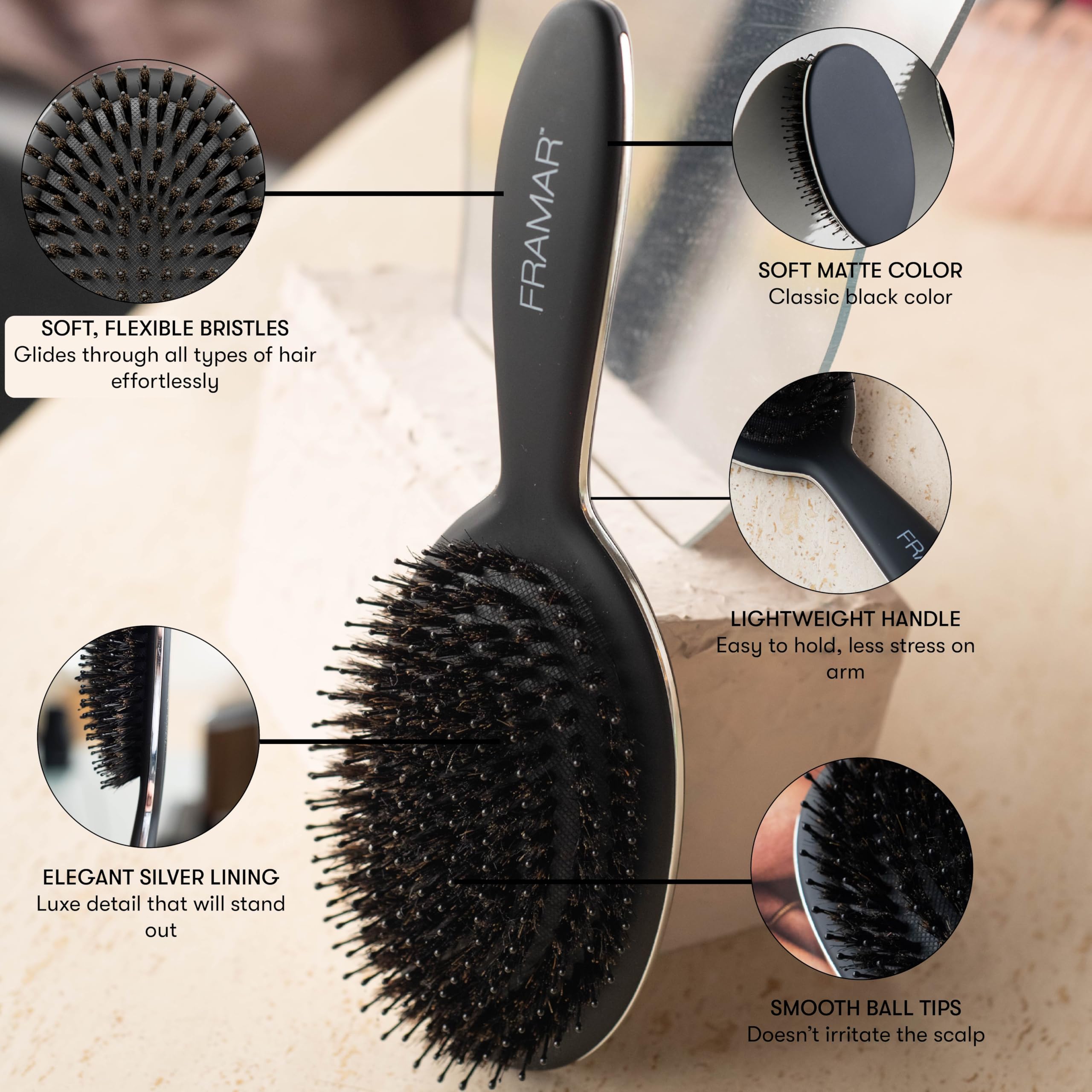 FRAMAR brush bristles closeup showing natural boar bristles for oil distribution.