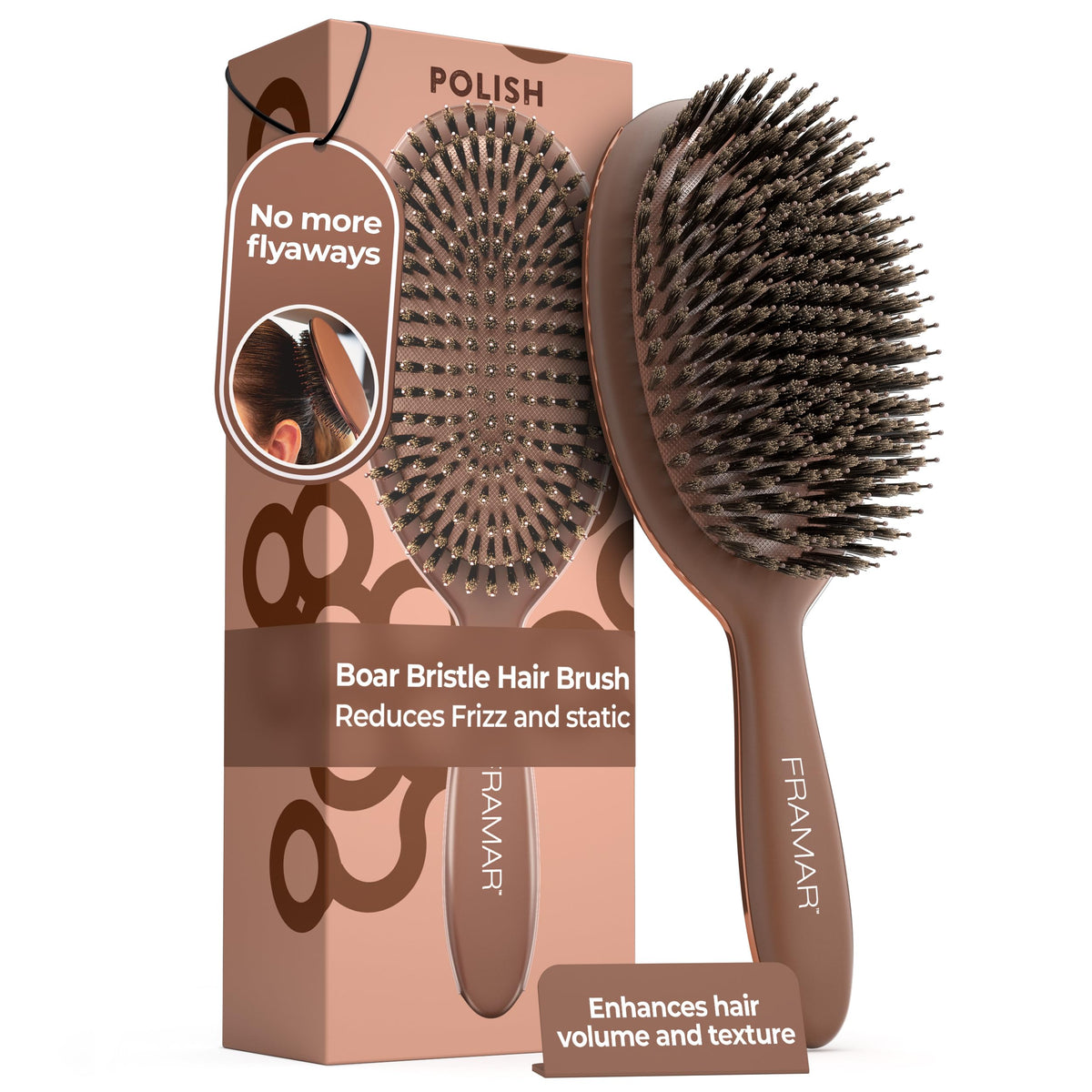 FRAMAR soft boar bristle hair brush chocolate glides gently for detangling