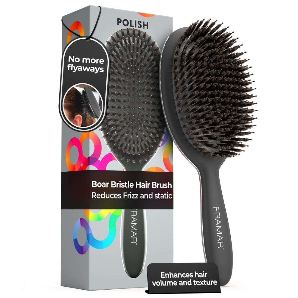 FRAMAR Soft Boar Bristle Hair Brush front view with ergonomic handle for gentle detangling.