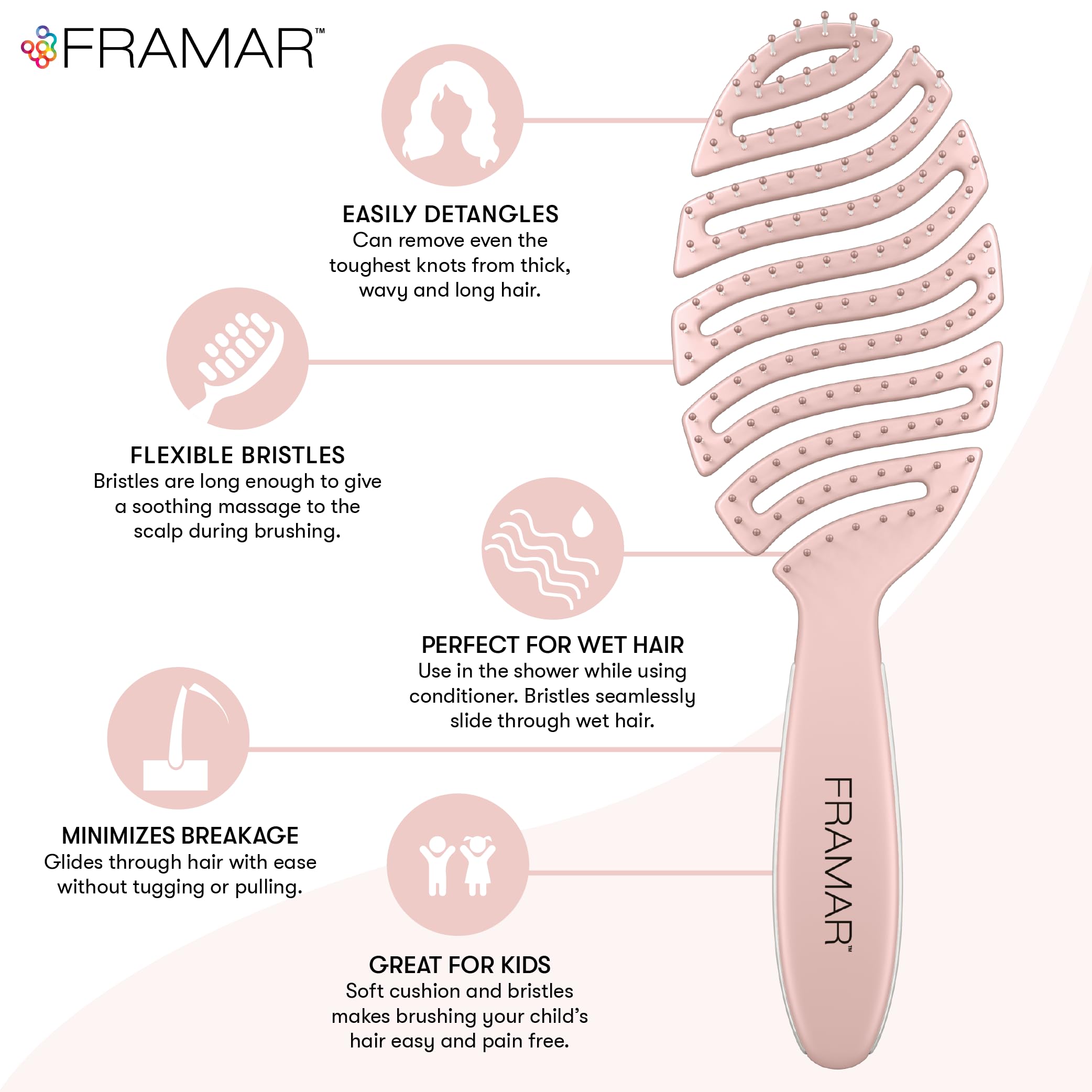 FRAMAR vented pink hair brush back view highlights ergonomic comfortable styling