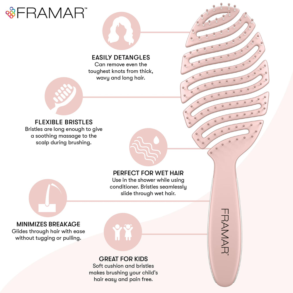 FRAMAR vented pink hair brush back view highlights ergonomic comfortable styling