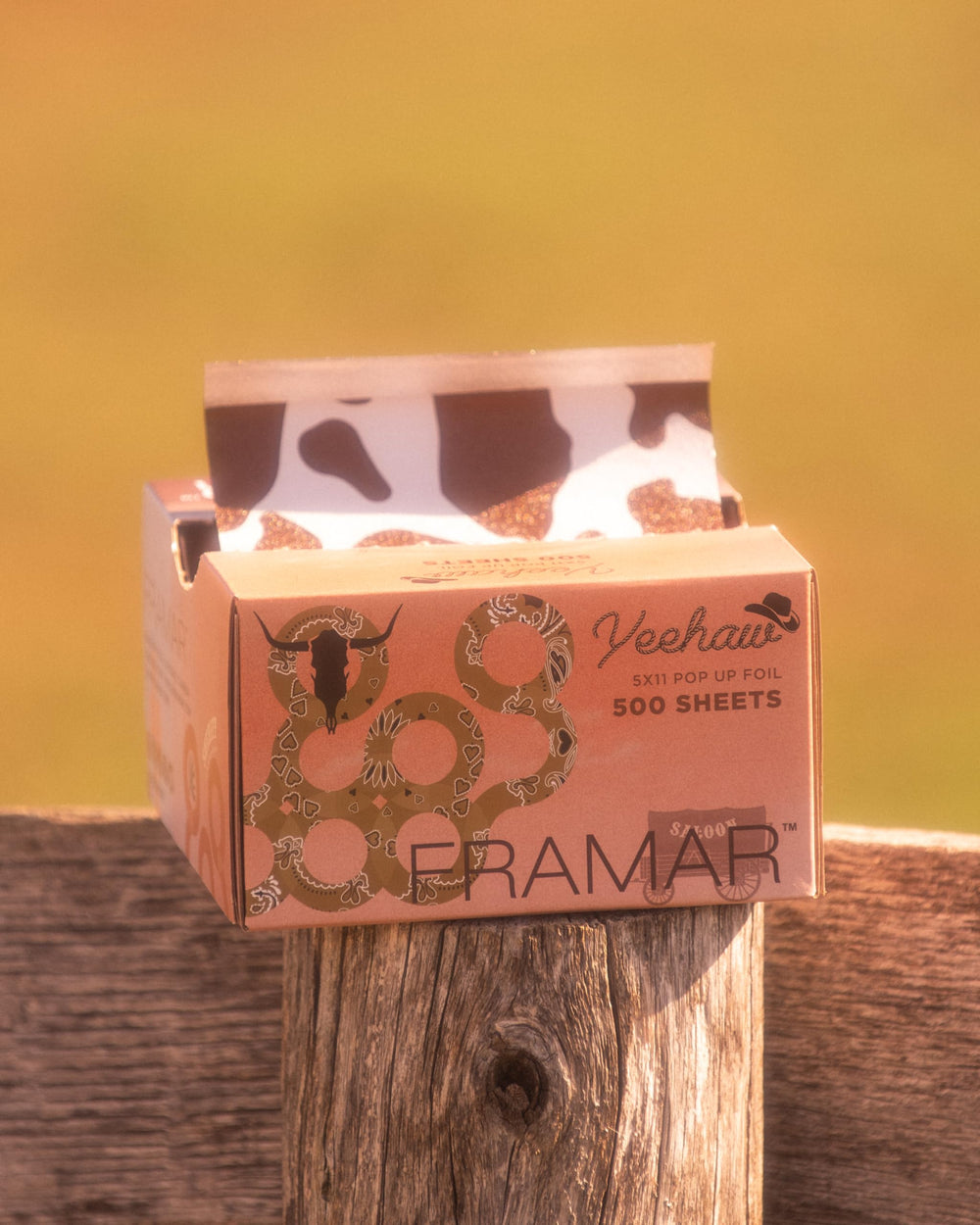 FRAMAR Yeehaw cow-print foil design adds visual flair at the station.