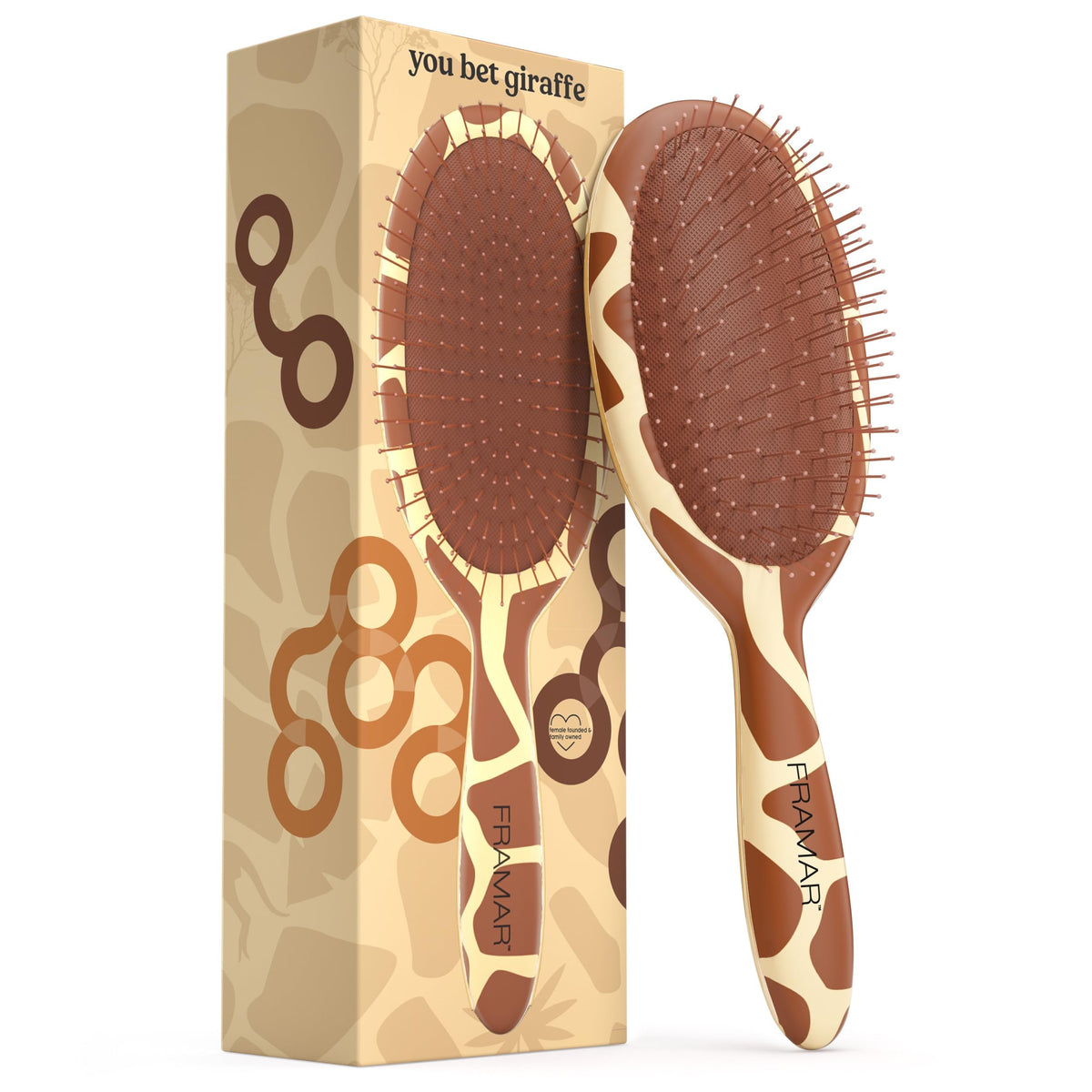 FRAMAR Wet Hair Brush Detangler with red giraffe design smooths tangles and reduces frizz.
