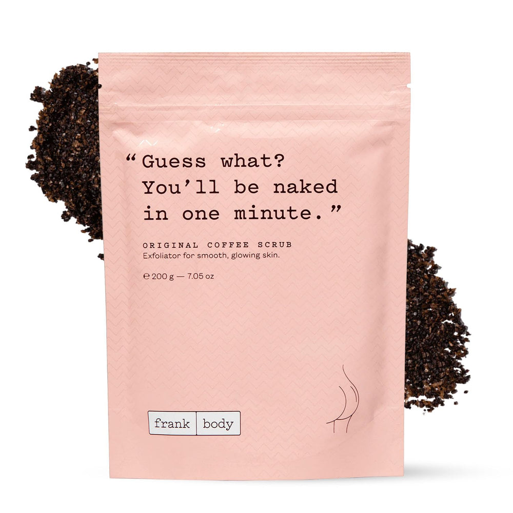 frank body Original Coffee Scrub jar closeup showing rich texture for smooth skin prep