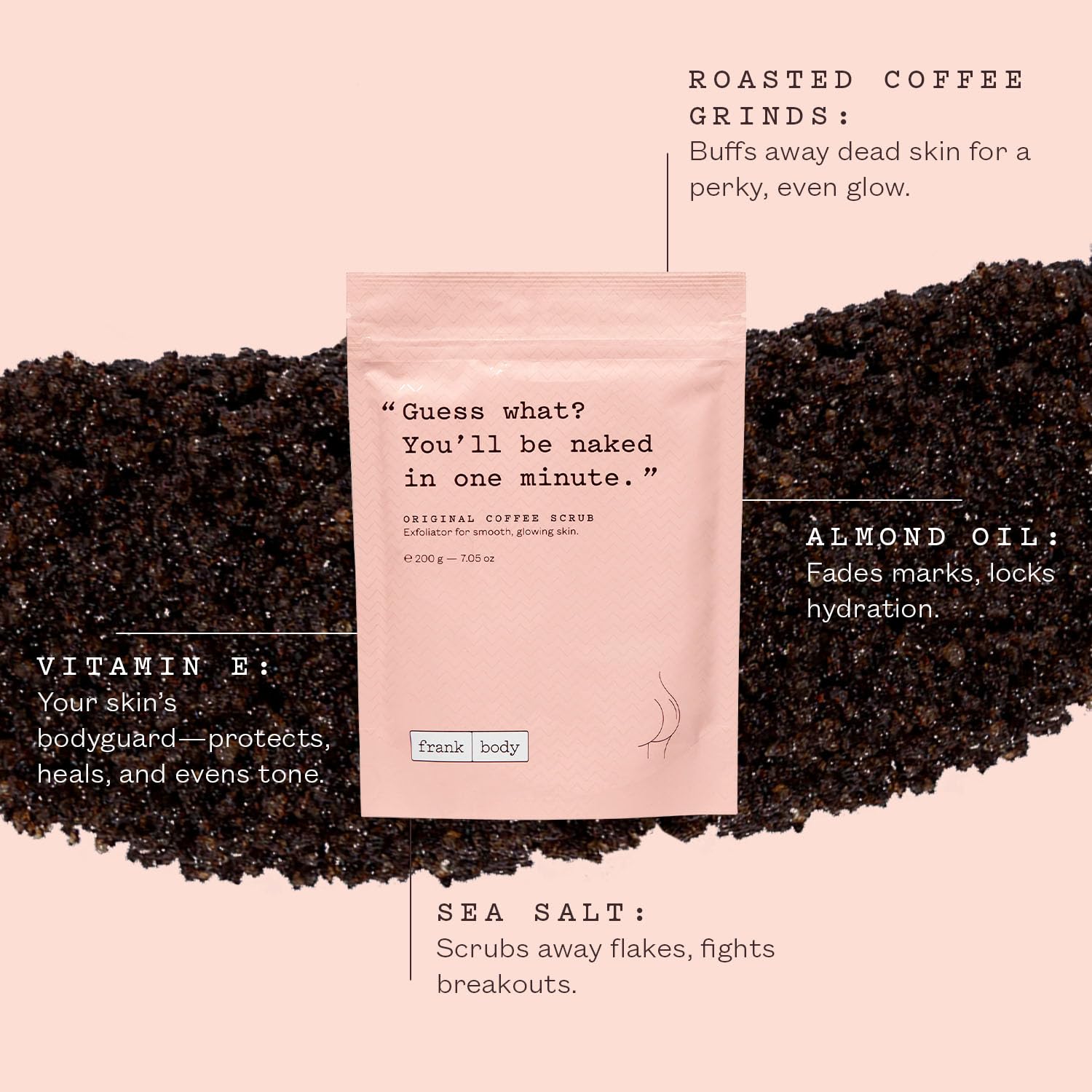 frank body Original Coffee Scrub texture closeup highlighting exfoliation for brighter softer skin