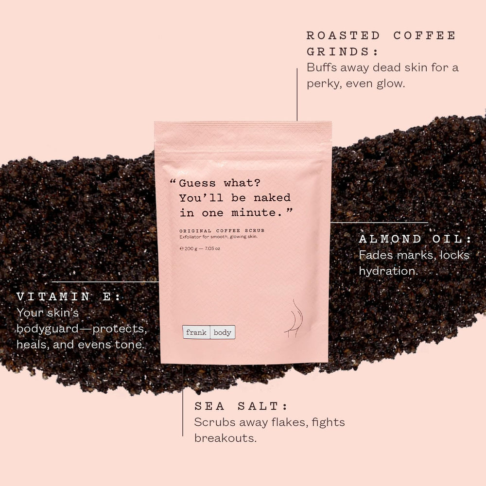 frank body Original Coffee Scrub texture closeup highlighting exfoliation for brighter softer skin
