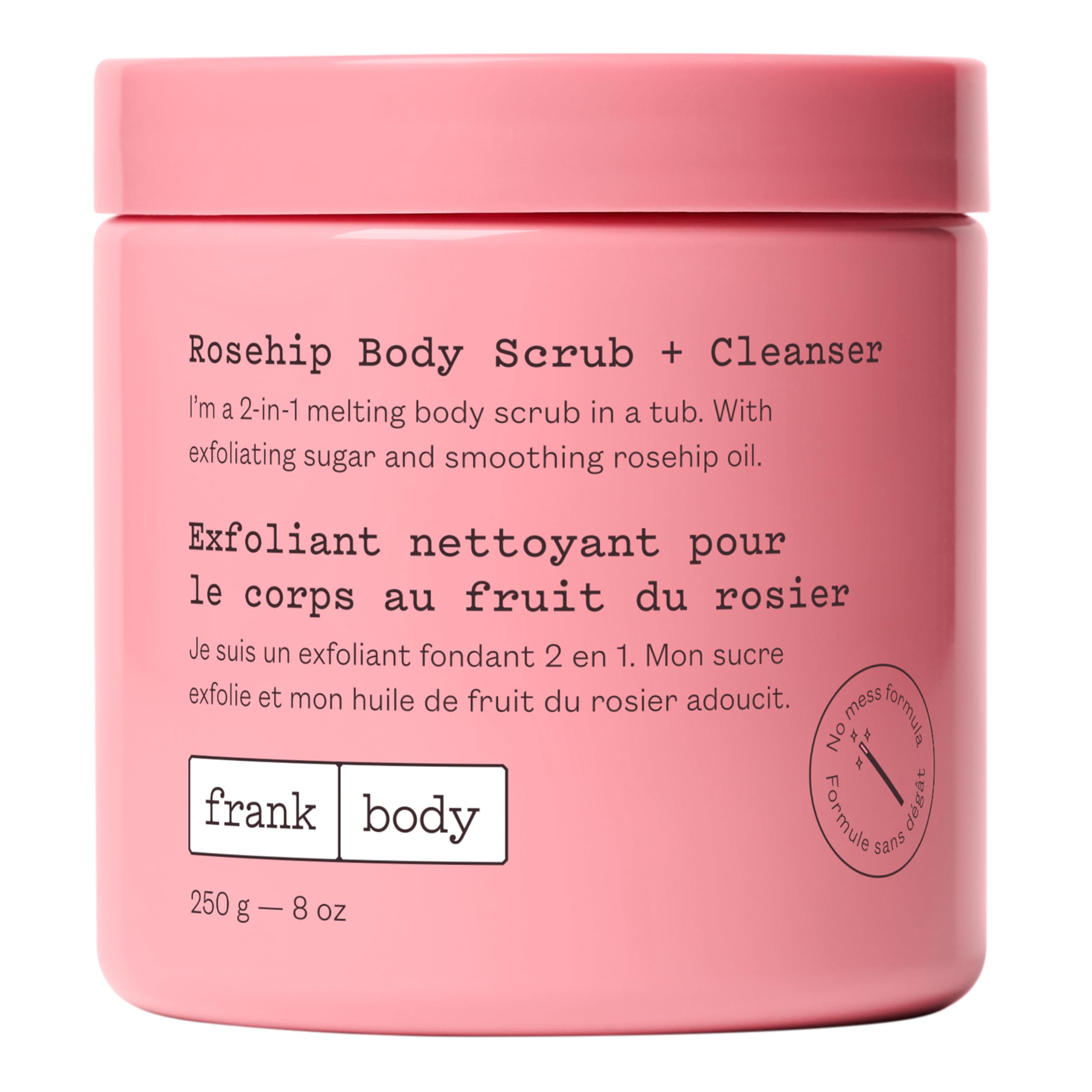 Frank Body Rosehip Body Scrub closeup jar shows grainy exfoliation for gentle texture