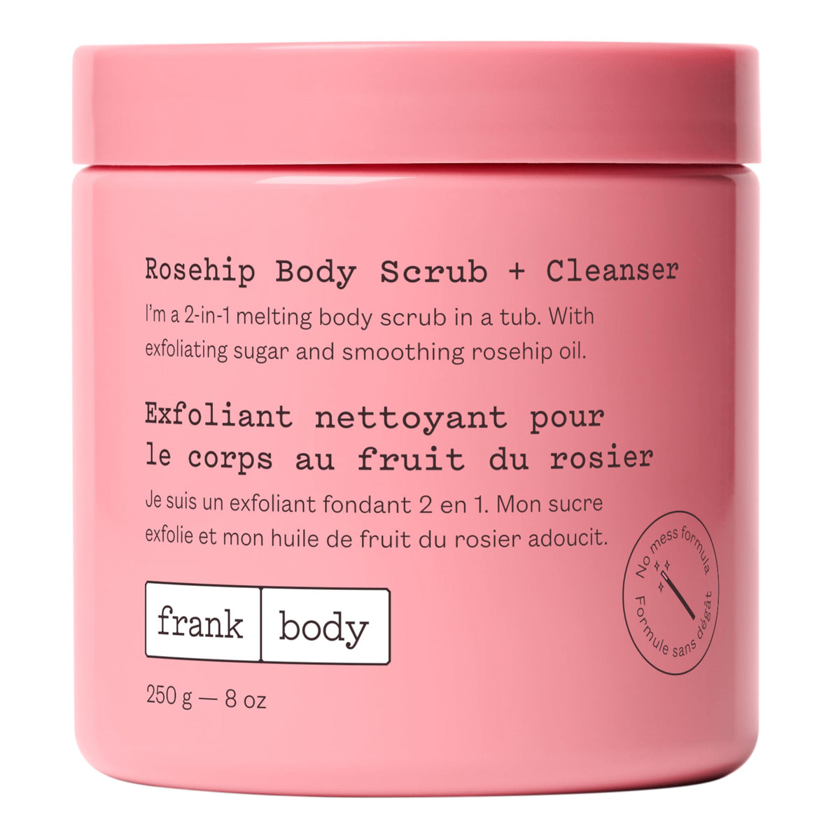 Frank Body Rosehip Body Scrub closeup jar shows grainy exfoliation for gentle texture