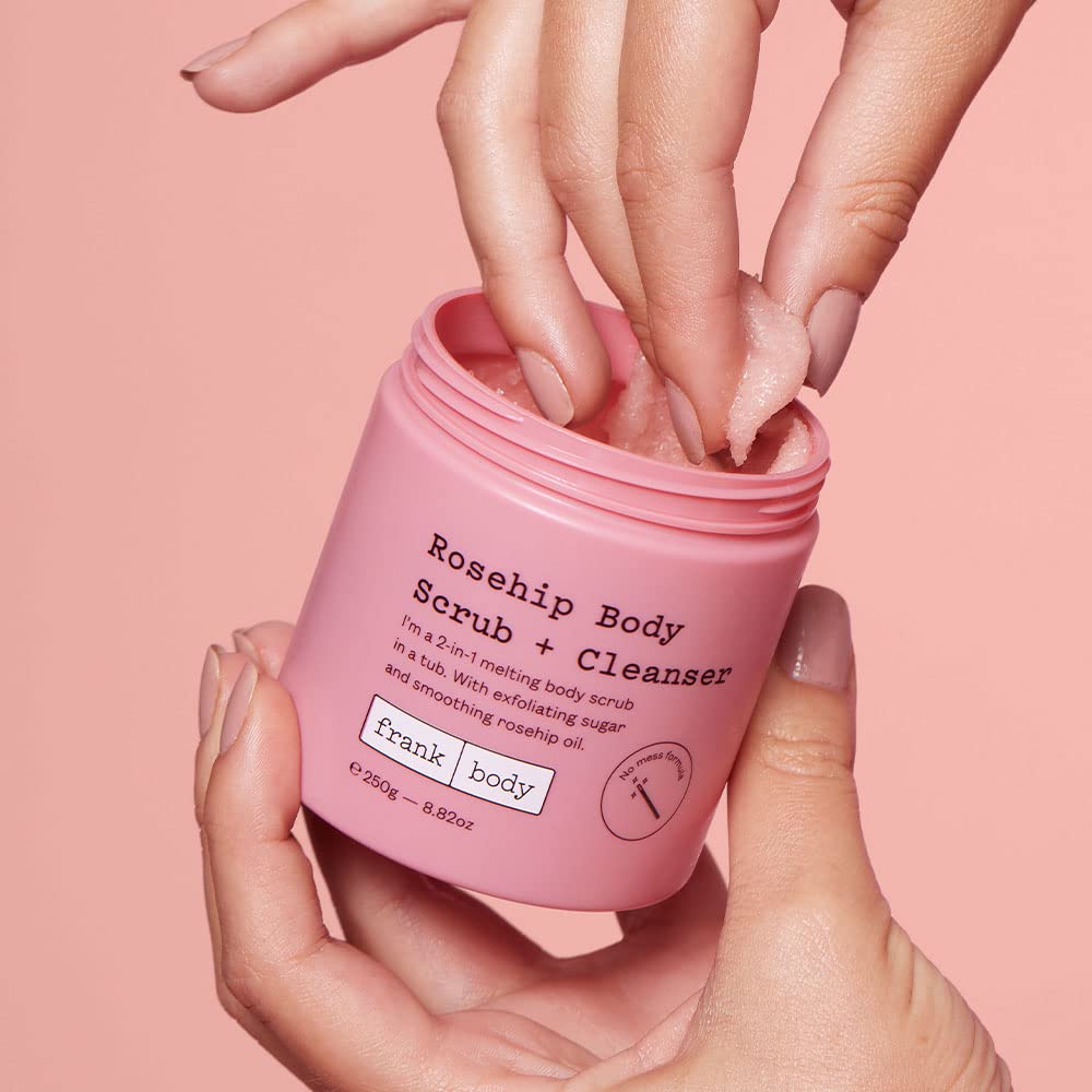 Frank Body Rosehip Scrub lavender scent evokes calming spa ritual