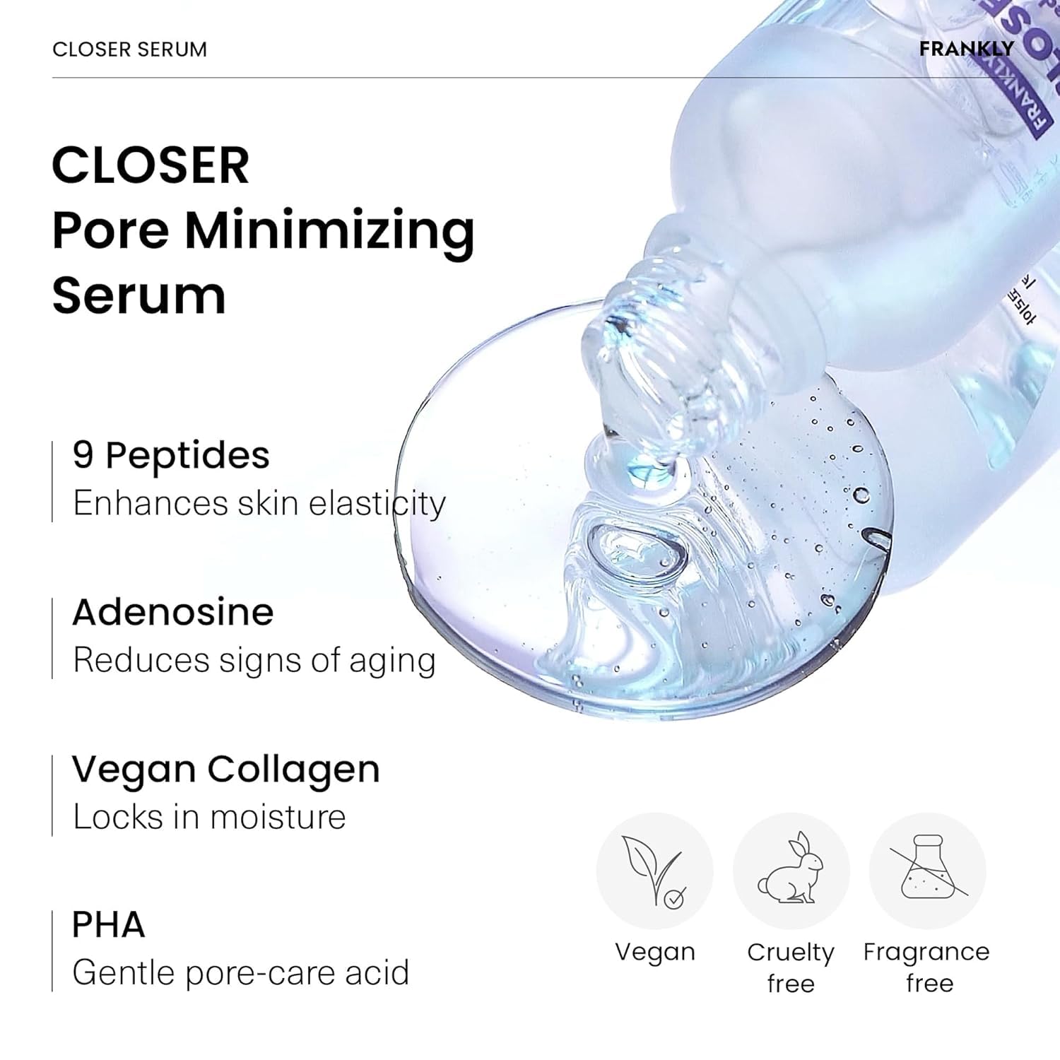 FRANKLY Closer Serum nine-peptides illustration highlights advanced pore care.