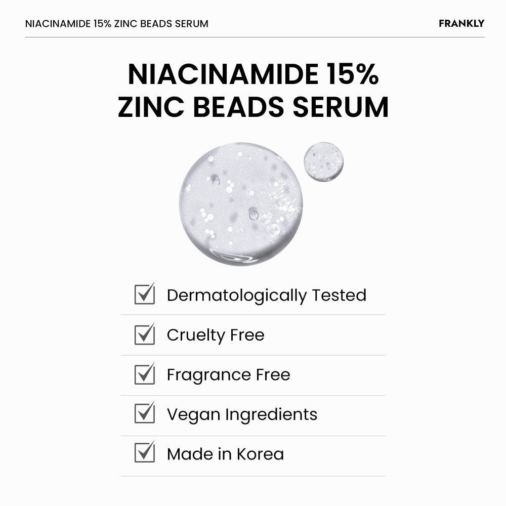 FRANKLY Niacinamide zinc serum bottle label closeup highlights clean, vegan, cruelty-free formula.