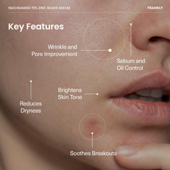 FRANKLY Niacinamide zinc serum texture swirl illustrates featherweight, matte finish on skin.