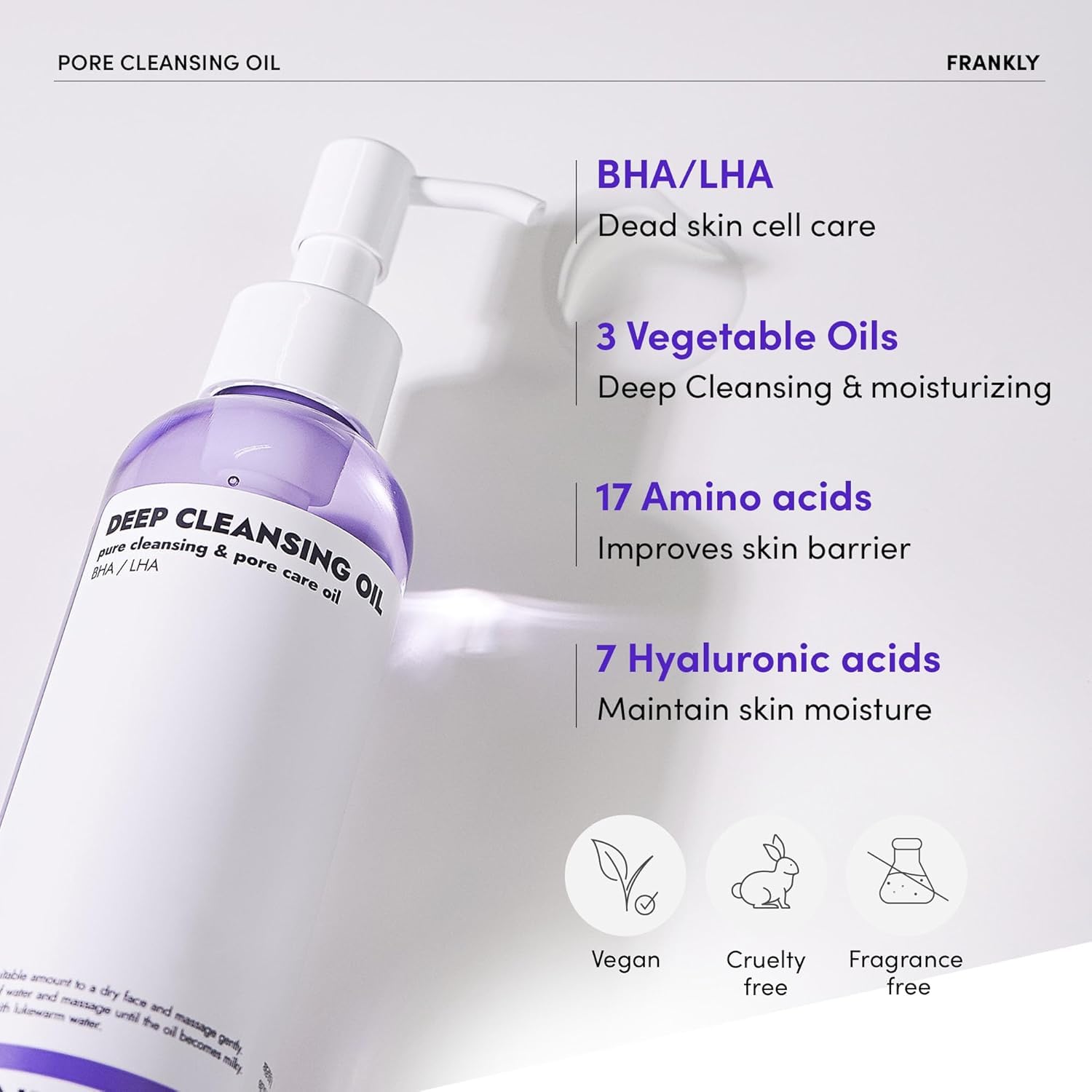 FRANKLY Pore Cleansing Oil amino acids visual highlights nourishing complex for skin comfort post-cleanse