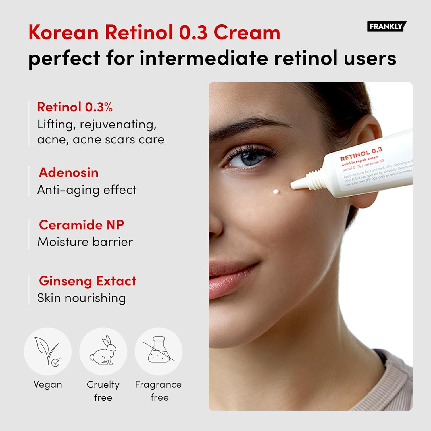 FRANKLY retinol packaging highlights vegan, fragrance-free formulation.